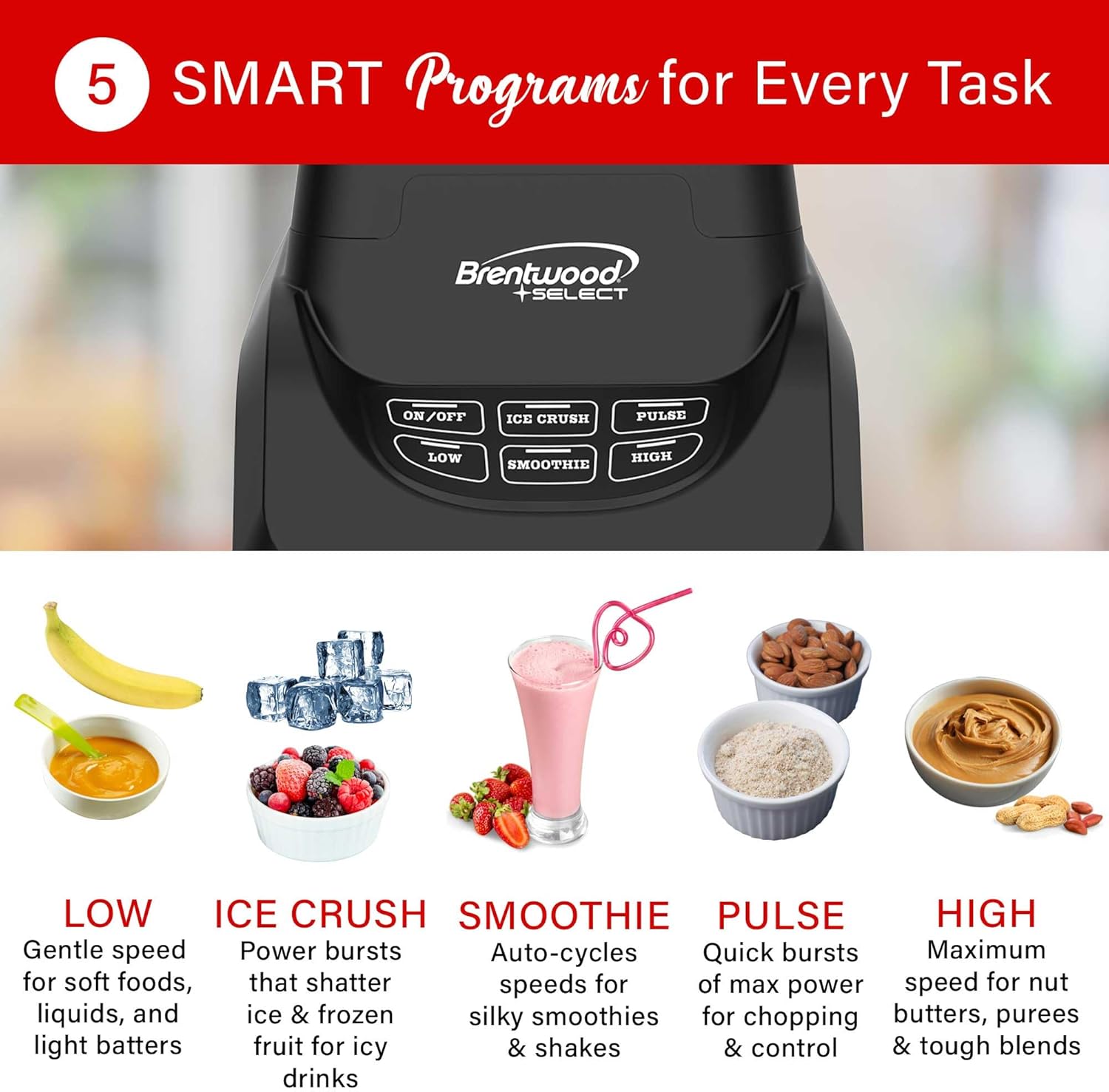 Brentwood Select JBS-1000BK Professional Smart Blender with 1000w Ice Crushing Power, Large 8.5-Cup Plastic Jar, Stainless Steel Blades, Non-Slip Base, Dishwasher-Safe Parts, Black