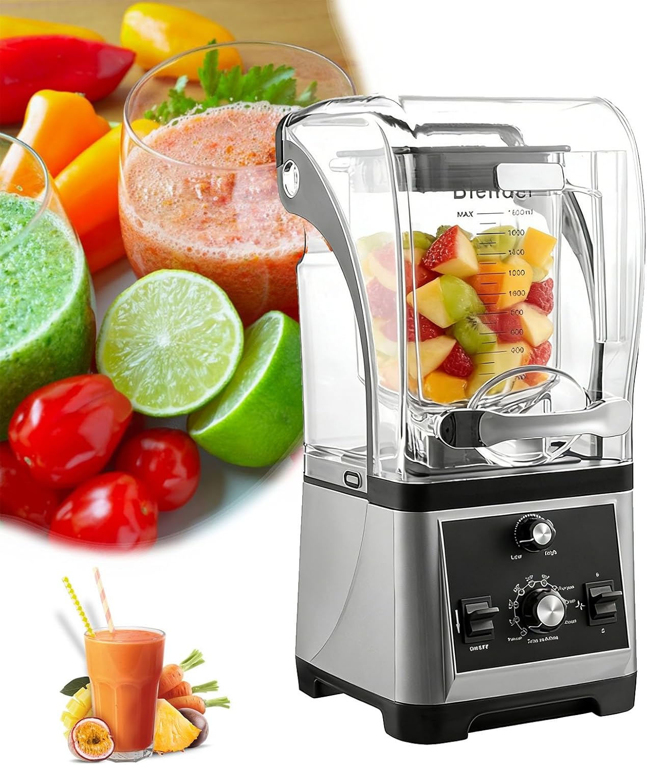 Commercial Quiet Blender for Kitchen, Noise Reduction blender with Shield Quiet Sound Enclosure, Six-Bladed Stainless Steel Knife, Speed Adjustable 2600W(Gray)