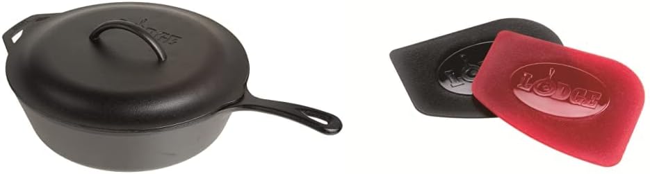 Lodge L10CF3 Cast Iron Covered Deep Skillet, Pre-Seasoned, 5-Quart & SCRAPERPK Durable Pan Scrapers, Red and Black, 2-Pack