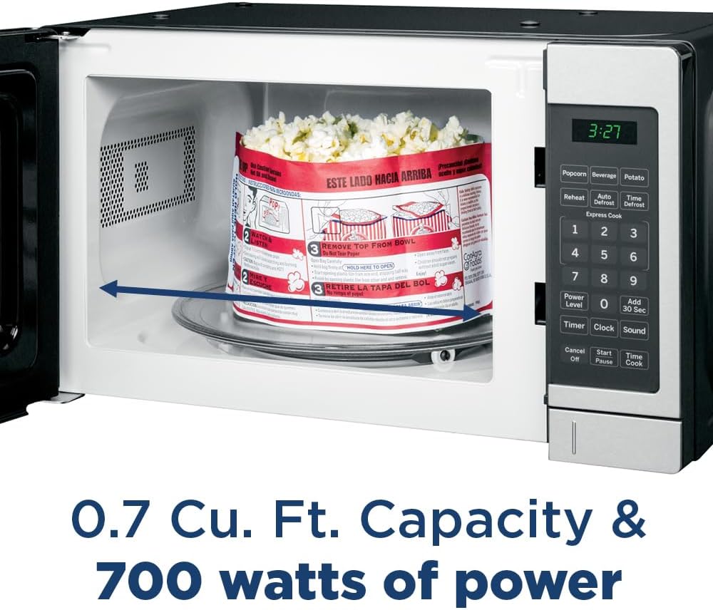 GE Countertop Microwave Oven, Compact 0.7 Cubic Ft., 700-watt Capacity, 6 Auto Cooking Settings, Child-Lock Technology, Kitchen Essentials for the Countertop, Dorm Room or Apartment, Black