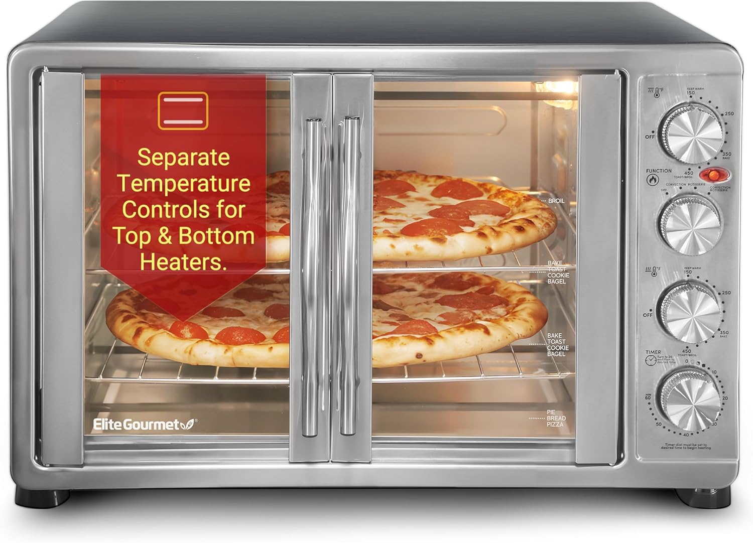 Elite Gourmet ETO-4510M French Door 47.5Qt, 18-Slice Convection Oven 4-Control Knobs, Bake Broil Toast Rotisserie Keep Warm, Includes 2 x 12