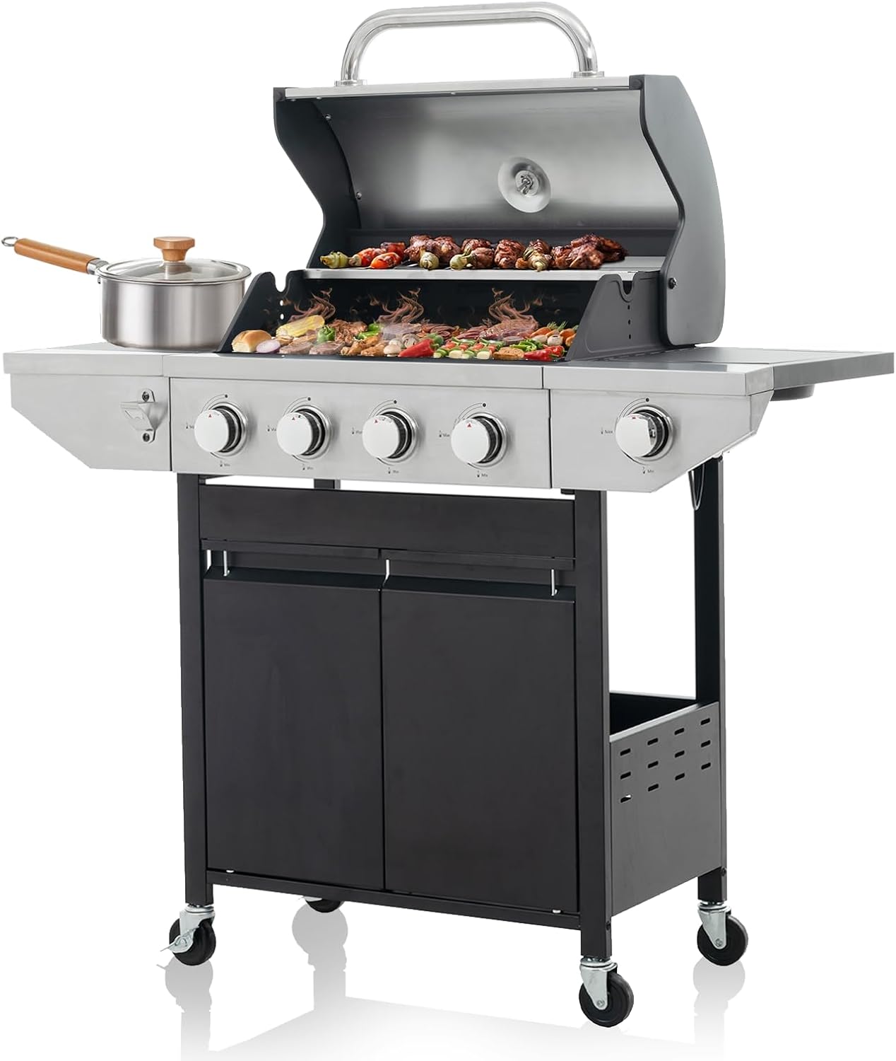4-Burner Propane Gas BBQ Grill with Side Burner and Porcelain-Enameled Cast Iron Grates, 46790 BTU Output with Foldable Side Shelvesfor Backyard & Garden (4-Burner-Silver)