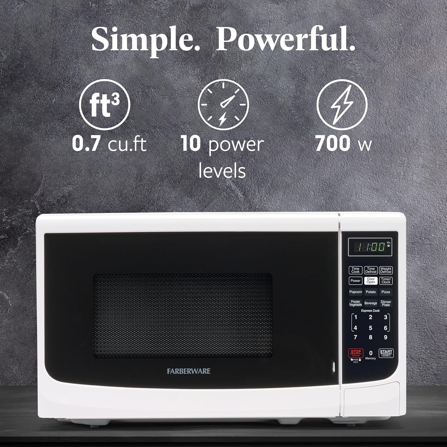 Farberware 0.7 Cu. Ft. Countertop Microwave Oven – 700 Watts Power, Auto Cook Settings, Defrost, Easy Clean and Child Safety Lock - White