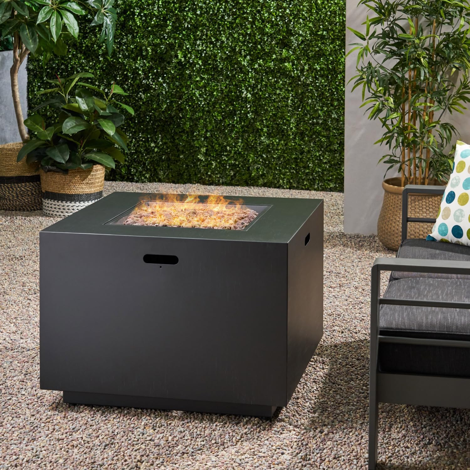 Sleek Square Iron Propane Fire Pit for Patio - 50,000 BTU, Dark Grey - Tank Included