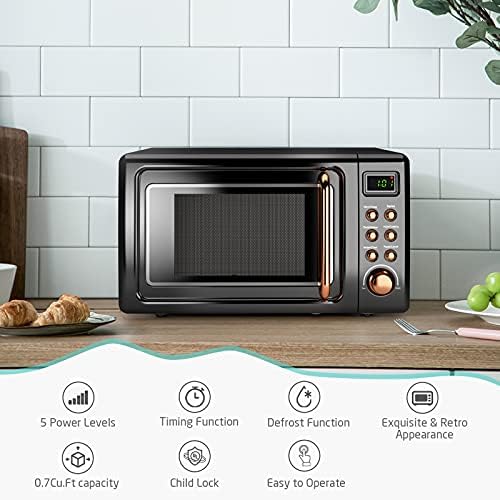 Countertop Retro Microwave Oven, 0.7 Cu Ft Small Microwave with Defrost, 5 Micro Power, 8 Auto-Cooking Set & Child Lock, Compact Microwave w/10 Inch Turntable, 60-min Timer, LED Display, 700W