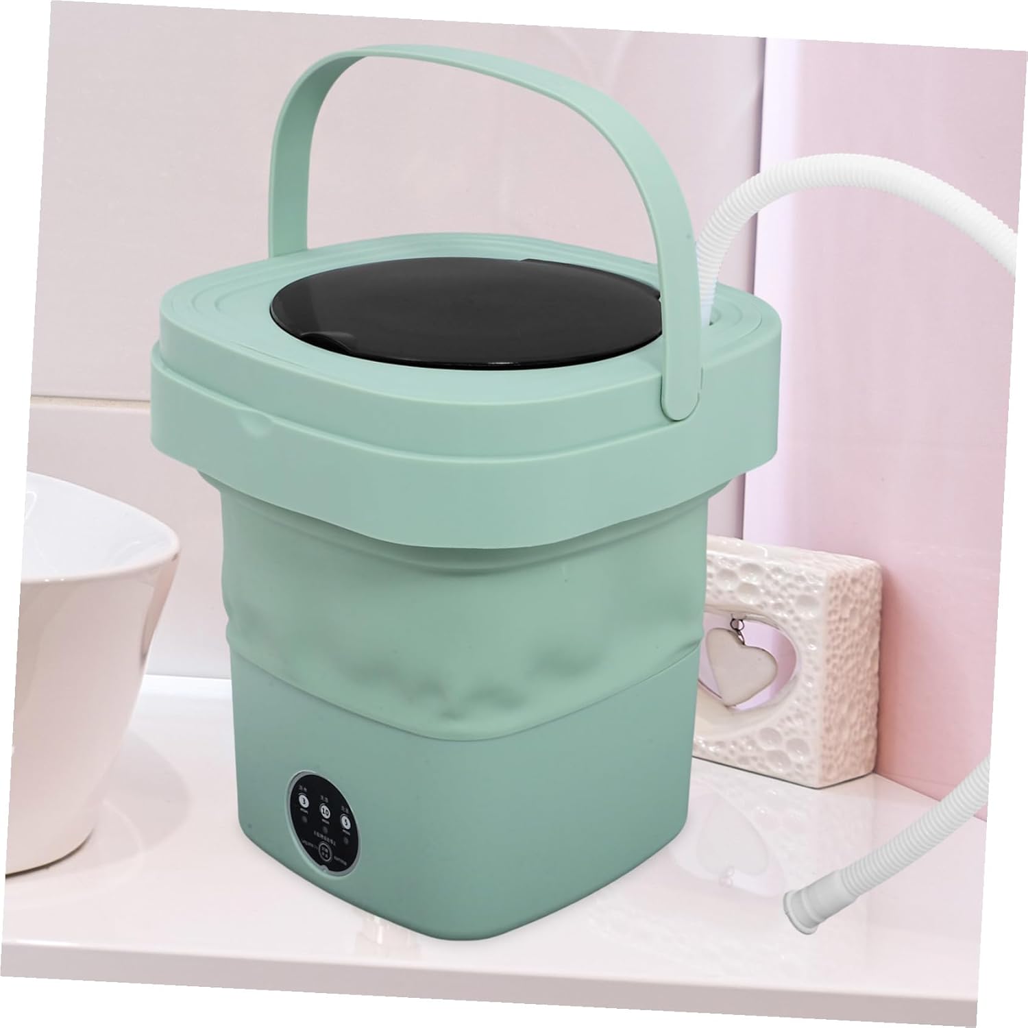 Portable Mini Collapsible Washing Machine Medium with Drain Basket and Hose Lightweight Foldable Laundry Washer for Home Dorm Rv Camping Travel US Plug Green
