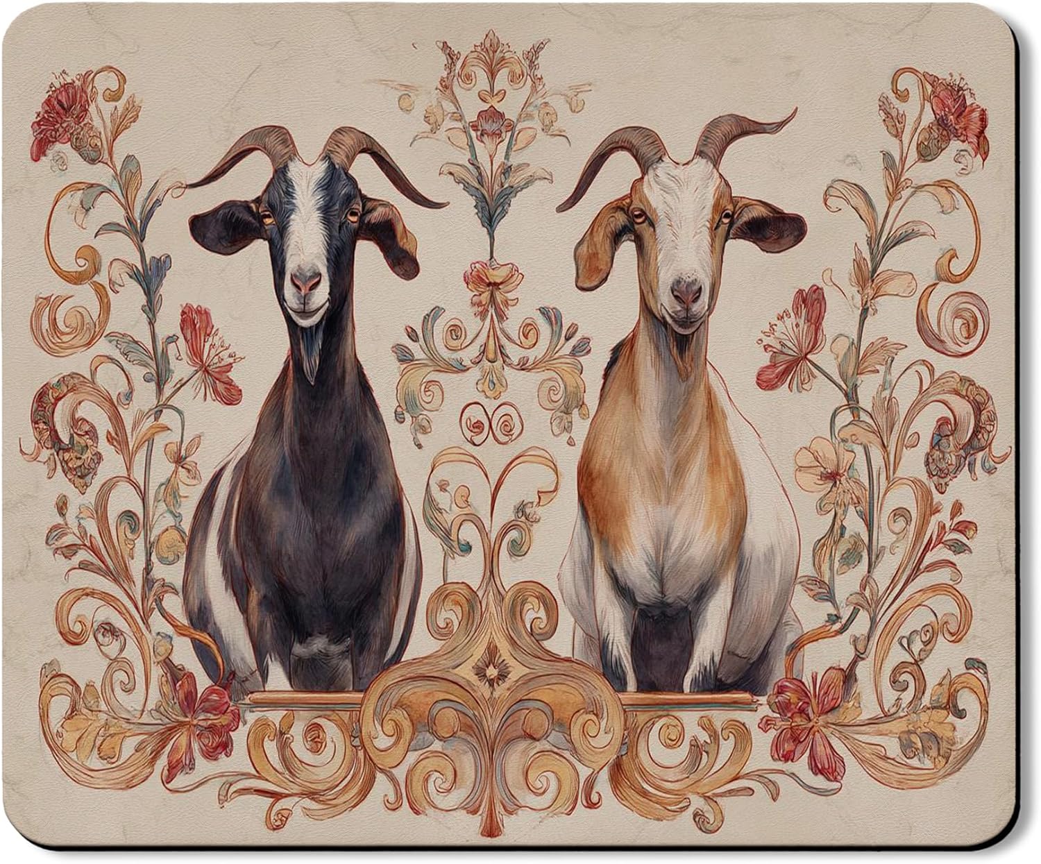 Artistic Washer Dryer Top Protector Mat, Vintage Floral Goat Design Laundry Machine Dust Covers, Rustic Rubber Anti-slip Waterproof Washer And Dryer Mats for Laundry Room 20x24 Inch