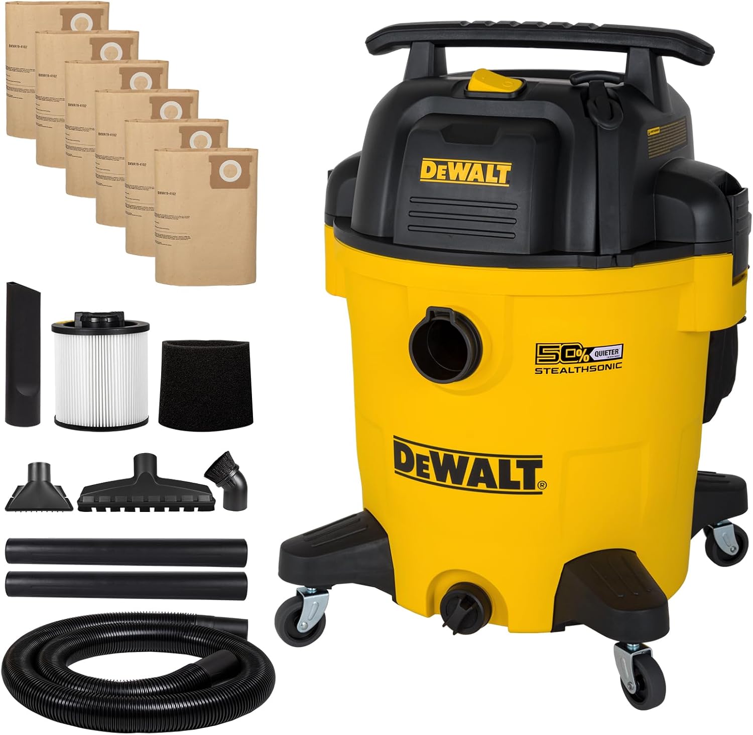 DEWALT 12 Gallon STEALTHSONIC Shop Vacuum Wet and Dry, 5.5 Peak HP Ultra Quiet Shop Vac with Powerful Suction, Wet Dry Vacuum Cleaner DXV12P-QTE with 6 Dust Bags for Jobsite, Garage, Workshop & Auto