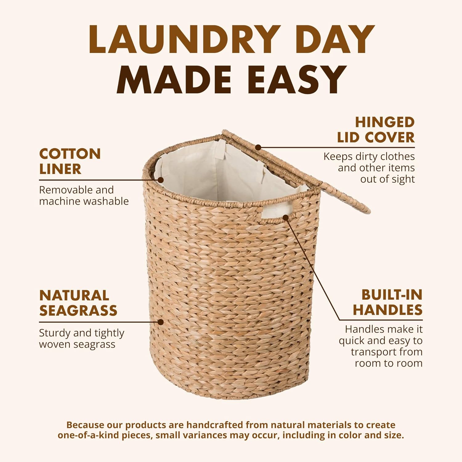KOUBOO Seagrass Half Moon Basket, Handwoven Laundry Hamper Basket with Lid, Handles, & Removable Liner, Home Decor and Organization, Natural