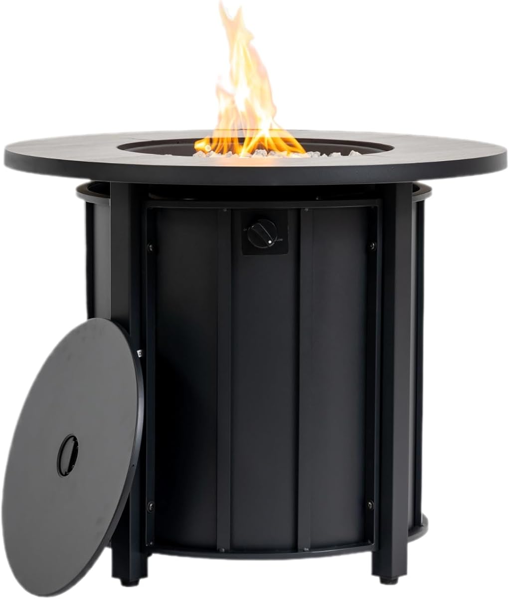 30 Inch Outdoor Propane Fire Pit Table,50000 BTU Steel Gas Firepit with with Wood-Grain Ceramic Tabletop & Lava Rocks, Waterproof Cover,Portable Round Patio Heater for Deck Garden Backyard