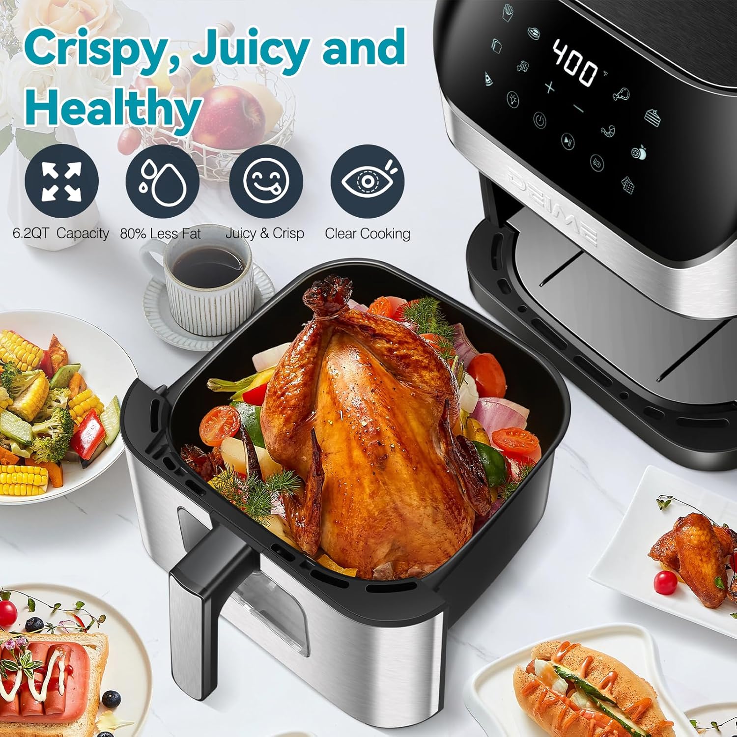 DEIME Air Fryer 6.5 QT Oilless Oven Large AirFryer Healthy Cooker with 10 1-Touch Preset, Visible Cooking Window, Non-Stick Basket & Dishwasher Safe