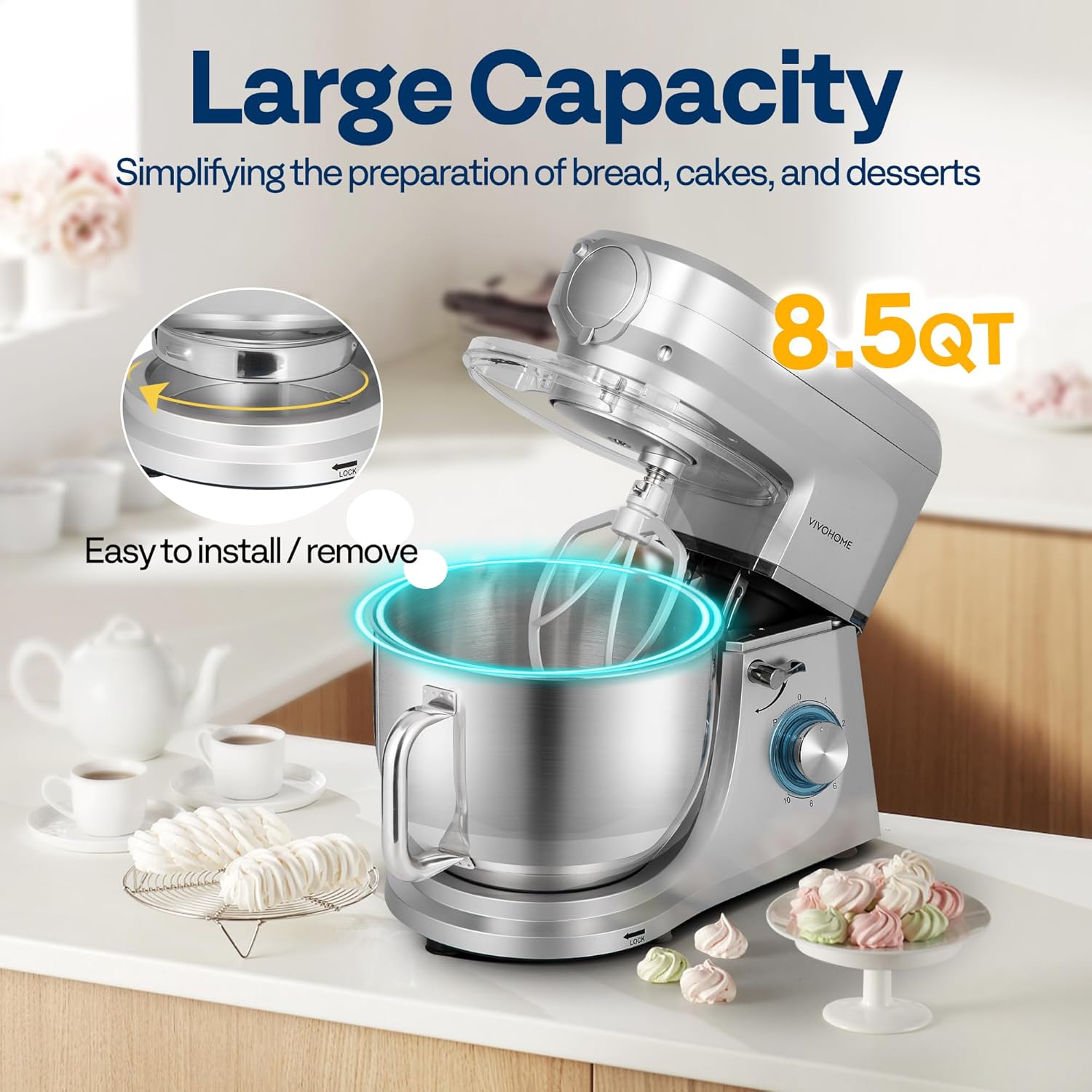 VIVOHOME 6-in-1 Stand Mixer, 8.5 Quart Electric Tilt-Head Kitchen Mixer with Bowl, Multifunctional Food Mixer for Cake, Bread, and Dough, with Meat Grinder, Blender, Pasta Maker Attachments, Silver