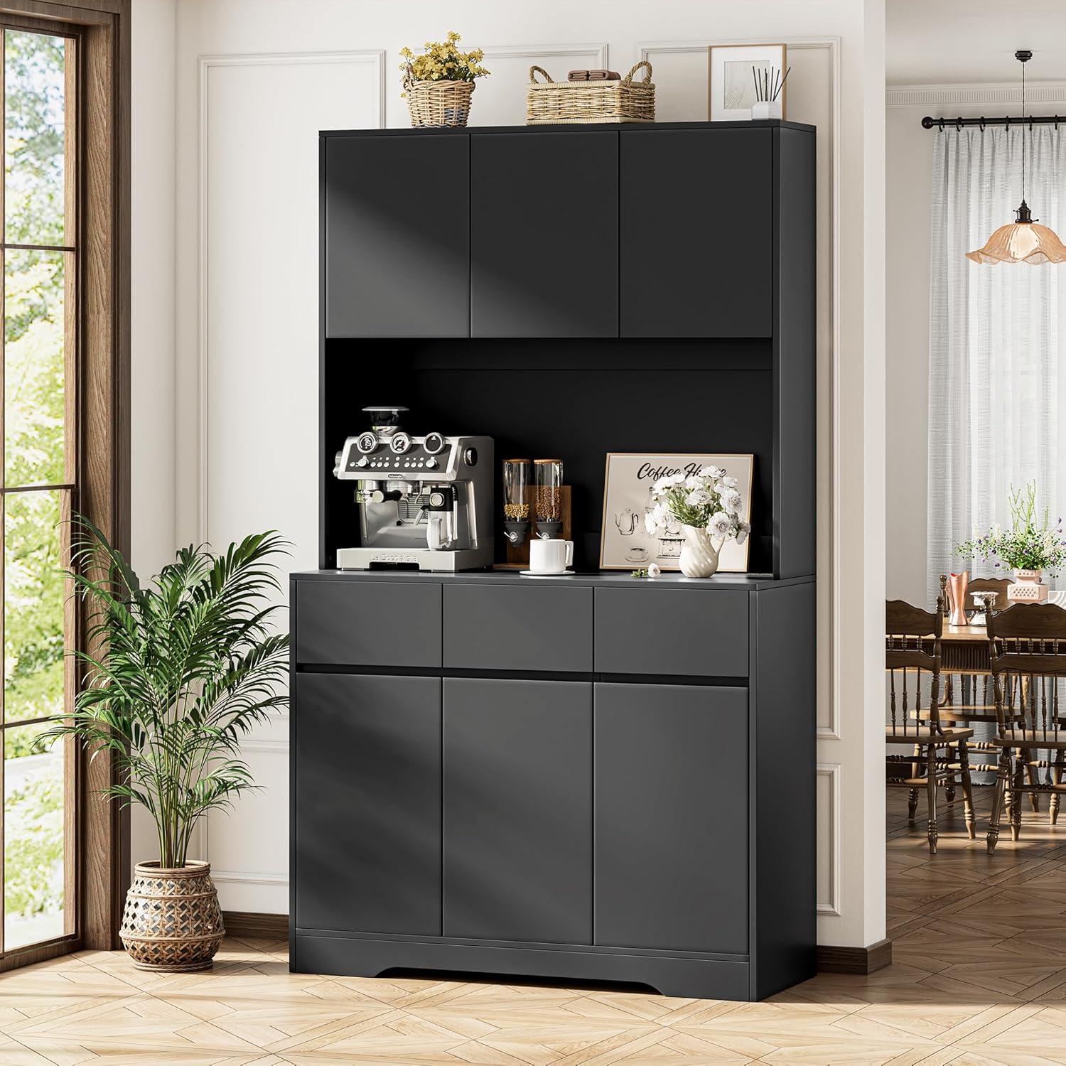71'' Pantry Cabinet with LED Light & Charging Station, Tall Freestanding Kitchen Storage Cabinet with Microwave Stand, Modern Hutch with Drawers & Open Countertop for Dining Room, Living Room, Black