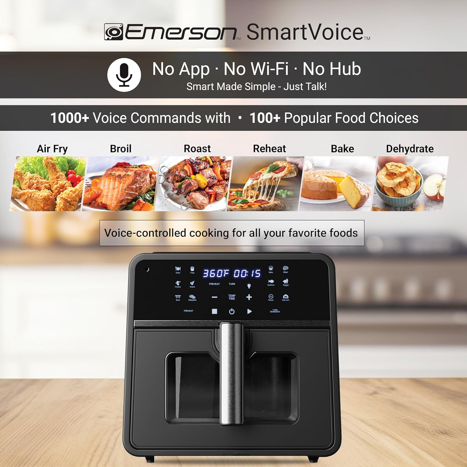 Emerson SmartVoice 10QT 6-in-1 Air Fryer, 1000+ Voice Control Commands, 100+ Recognized Food, No APP, No WIFI, No Setup, Nonstick Basket, Air Fry, Bake, Reheat, Dehydrate, 1700W