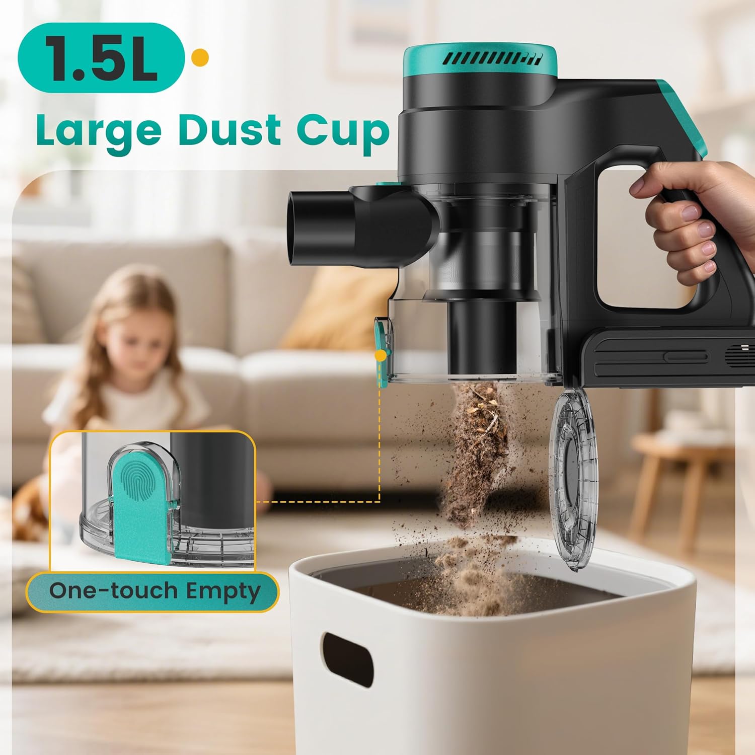 Zefiro Cordless Vacuum Cleaner for Home,45Mins Runtime Stick Vacuum Cleaners, Anti-Tangle and 1.5L Dust Cup, Lightweight Vacuum for Hardwood Floor Carpet Pet Hair (Green)