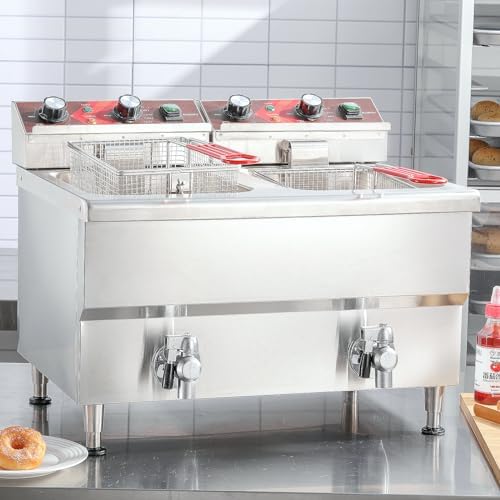 EGGKITPO Commercial Fryer Stainless Steel Electric Deep Fryer with Oil Filtration and Timer 24L Large Capacity Dual Tank Fryer with Baskets and Lids Countertop Deep Fryer for Restaurant Use 120V 3500W