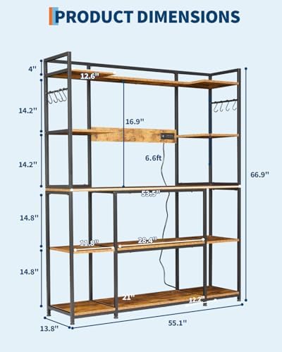 Garvee Kitchen Bakers Rack with Power Outlet 55 * 66inch, Microwave Oven Stand with Storage 4 Tiers, Coffee Bar Table with 6 S Hooks, Kitchen Storage Shelf Rack for Spices, Pots, Rustic Brown