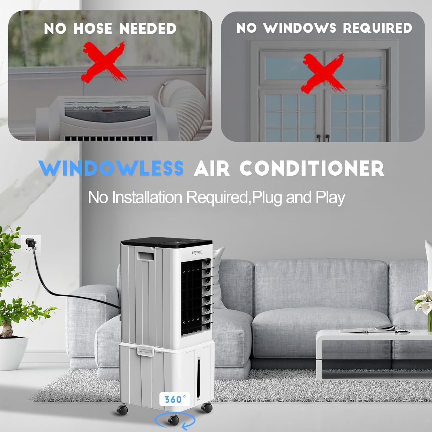 Portable Air Conditioner, 3-IN-1 Evaporative Air Cooler w/3.2Gal Tank, 4 Modes & 3 Speeds, 12H Timer, 6 Ice Packs, Remote Control, Windowless Swamp Cooler for Bedroom,Home,No Hose Needed