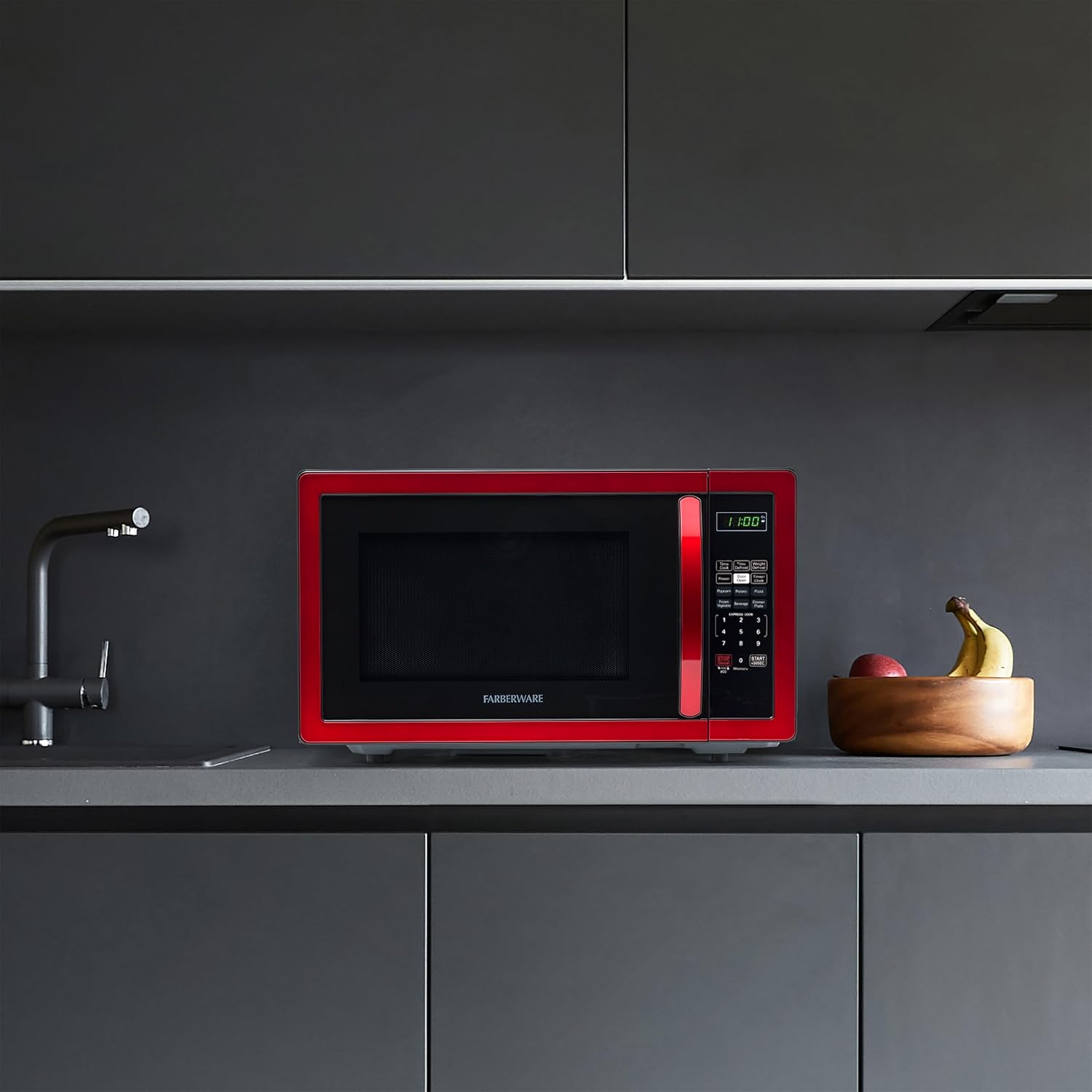 Farberware 1.1 Cu. Ft. Countertop Microwave Oven – 1000 Watts Power, Auto Cook Settings, Defrost, Easy Clean and Child Safety Lock - Metallic Red