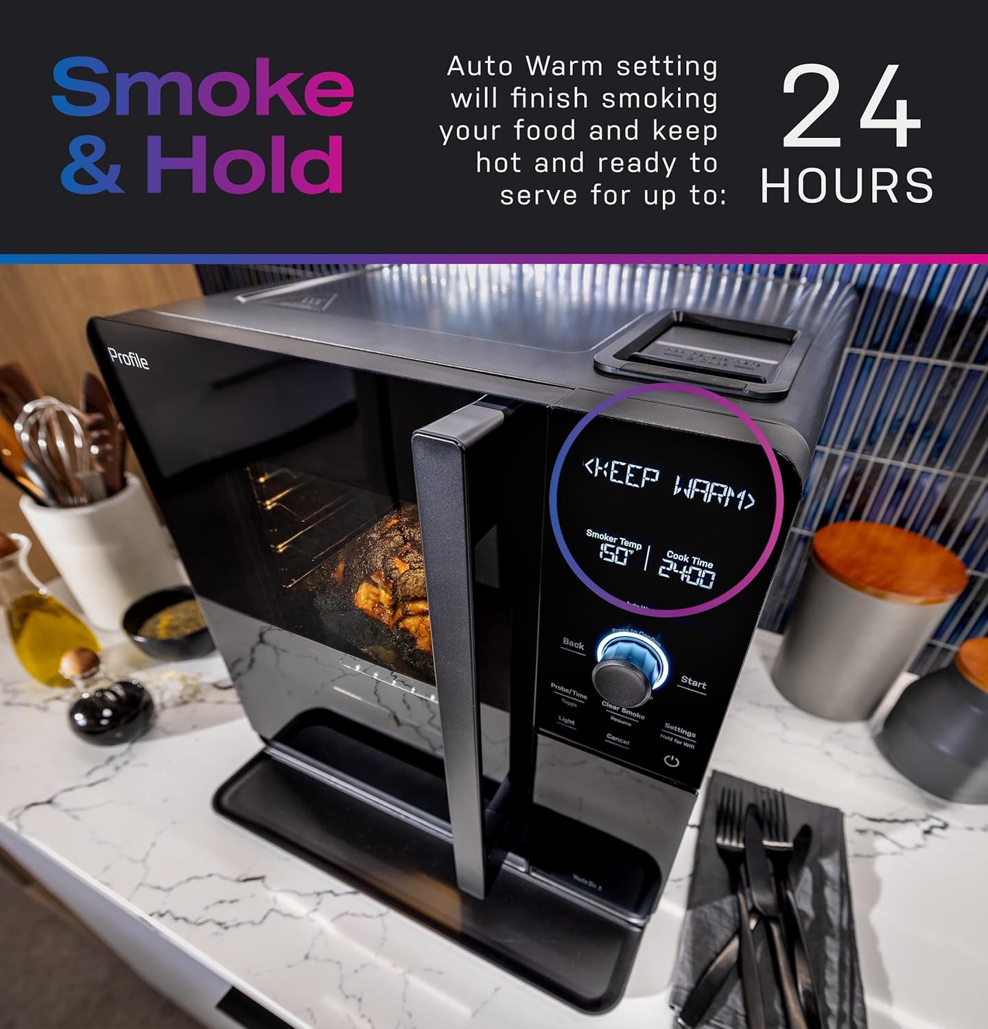 GE Profile™ Smart Indoor Pellet Smoker, with Active Smoke Filtration, 5 Smoke Control Settings, WiFi Connected, Electric, Countertop BBQ Appliance, Black