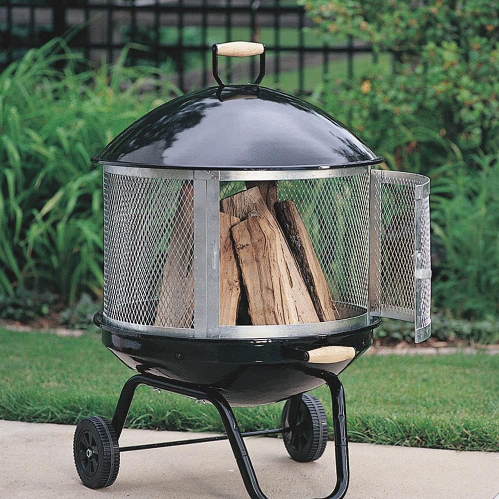 Campfire Patio Fire Pit, Outdoor Fire Pit, Backyard Fire Pit, Wood-Burning Portable Pulley Steel Outdoor Brazier with Screen Cover 44.8 Inches