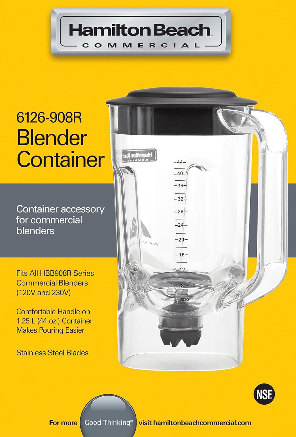 Hamilton Beach Commercial 908®R 44 Ounce / 1.25 Liter Polycarbonate Container, Fits Blenders (Model: HBB908R), 6126-908R