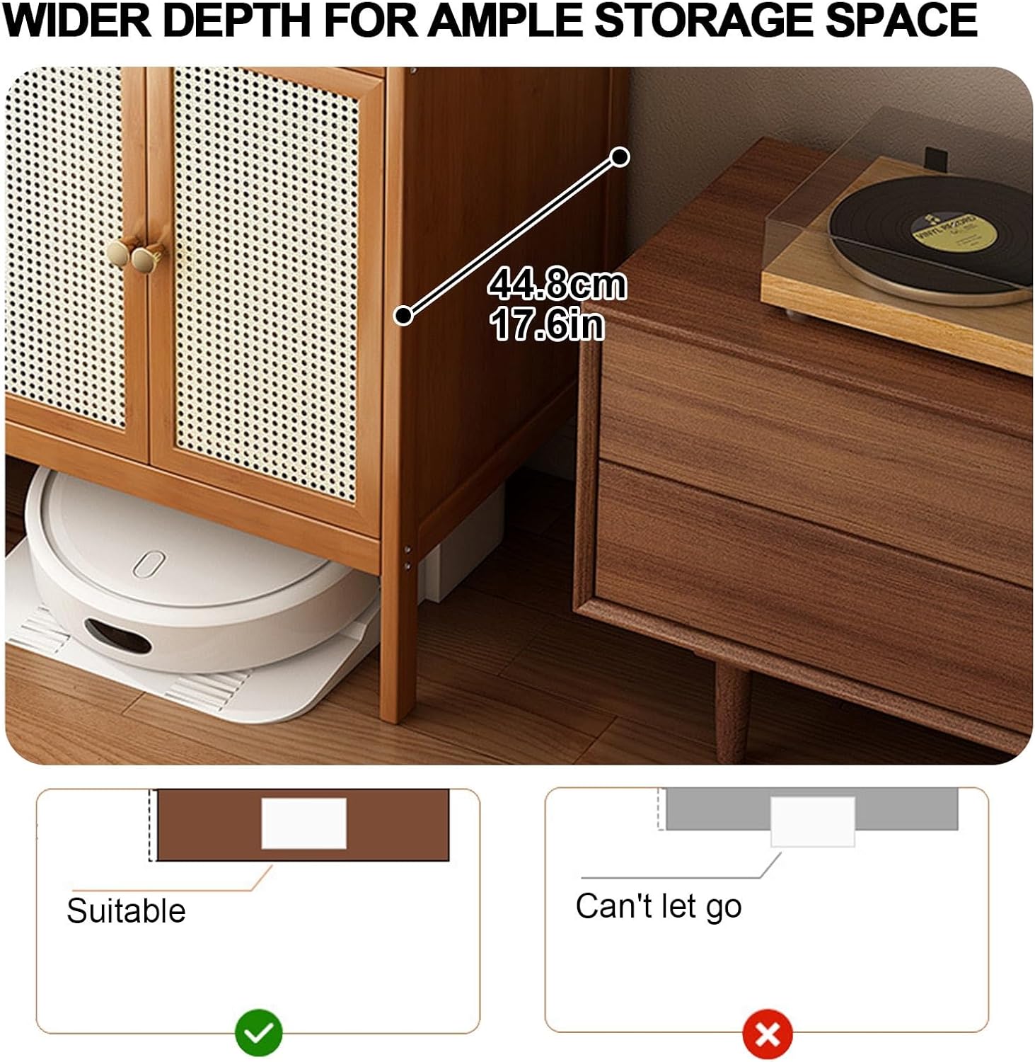 Wooden Robot Vacuum Storage Cabinet with Rattan Door Modern Side Table Storage Cabinet with Drawer End Table Space Saver Open Base for Living Room, Kitchen, Office(Natural)