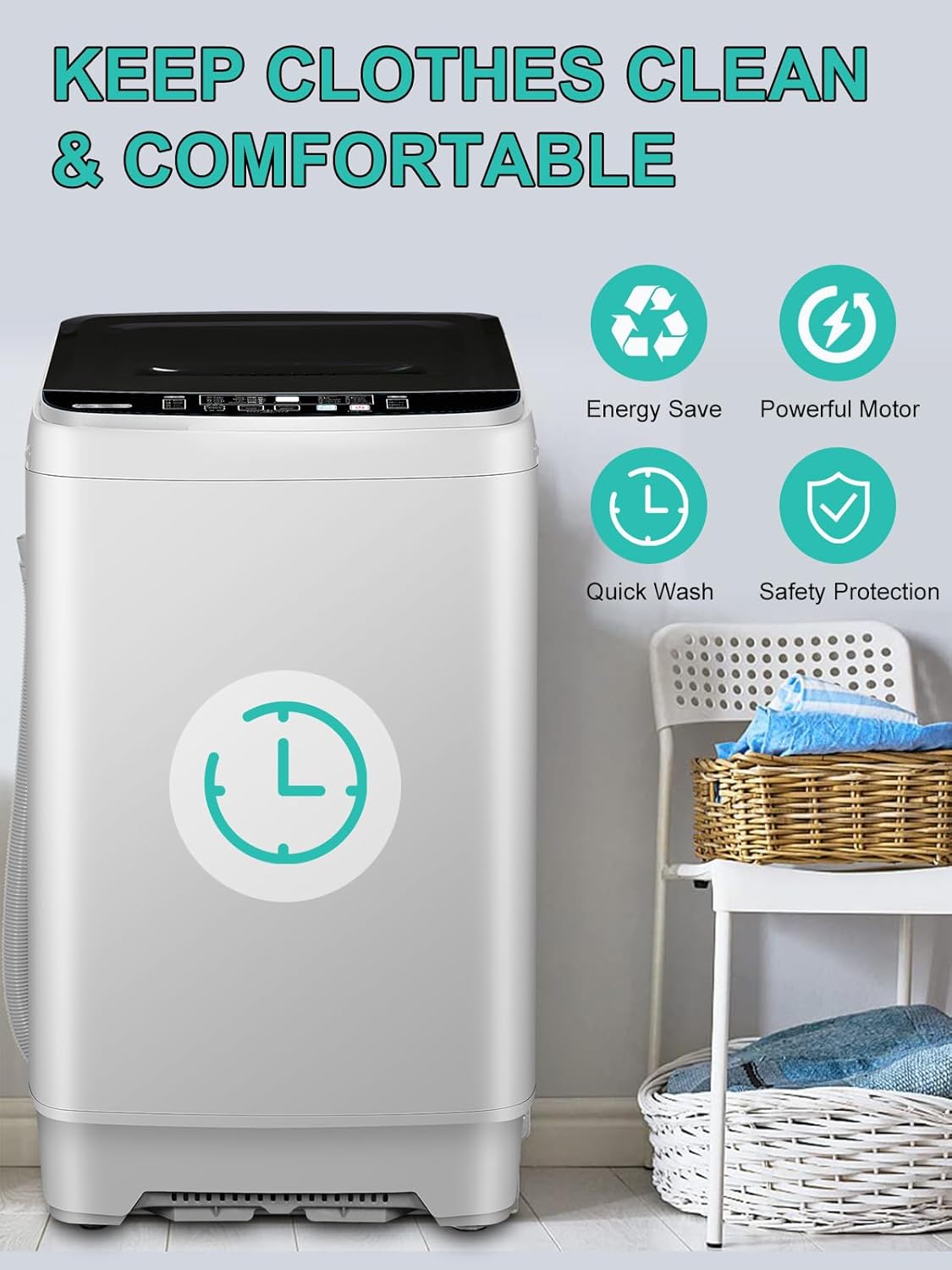 Full-Automatic Washing Machine 17.7 lbs Small Compact Portable 10 Wash Program & 8 Water Level Compact Washer with LED Display Ideal for Apartments, RV, Camping, White