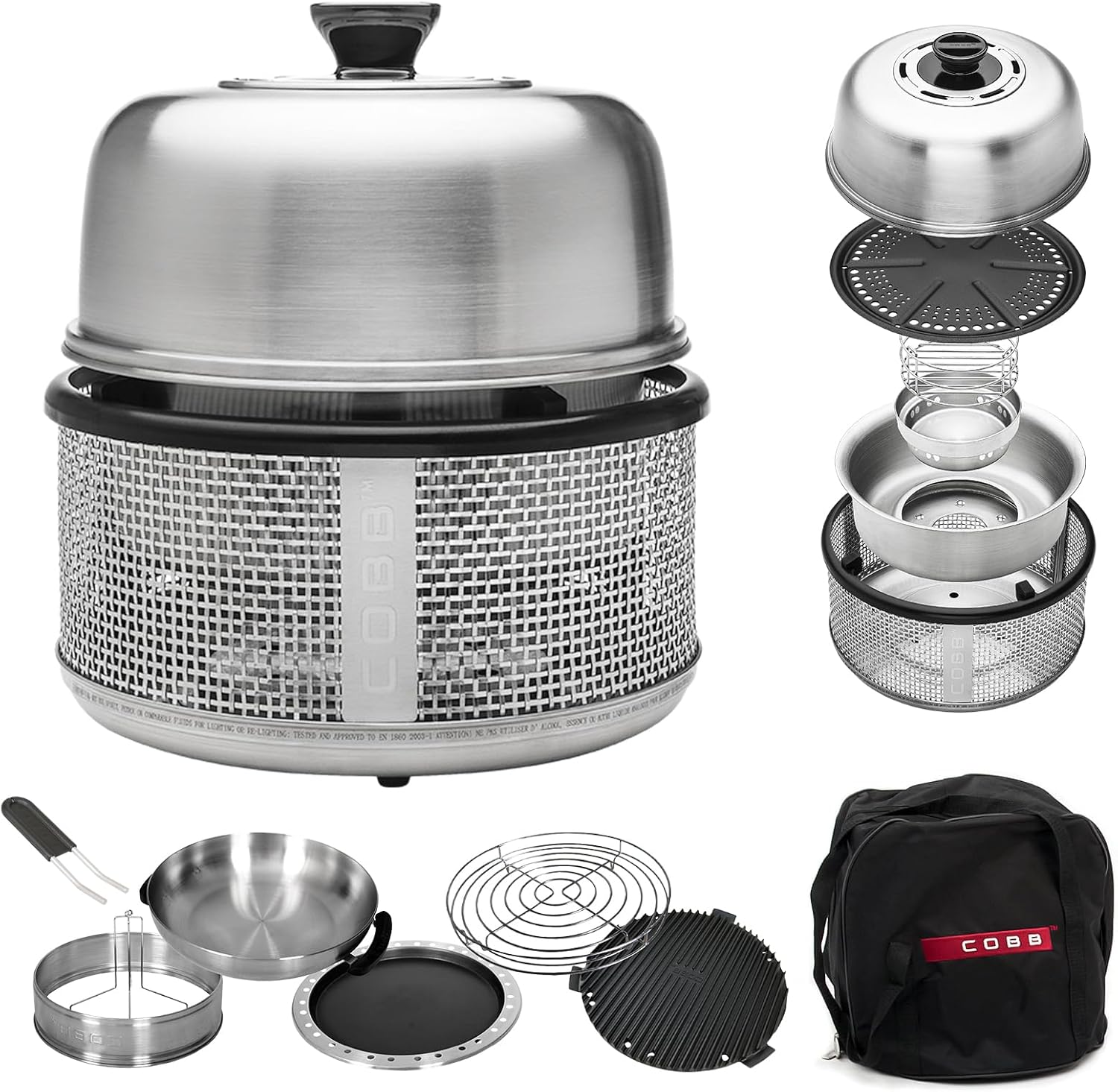 COBB Stainless Steel Smokeless Portable Table Top Charcoal Grill with Griddle Pan, 10 in 1 BBQ Grill for Camping, Boats & Rv, Outdoor Kitchen In A Box (Accessories Included)