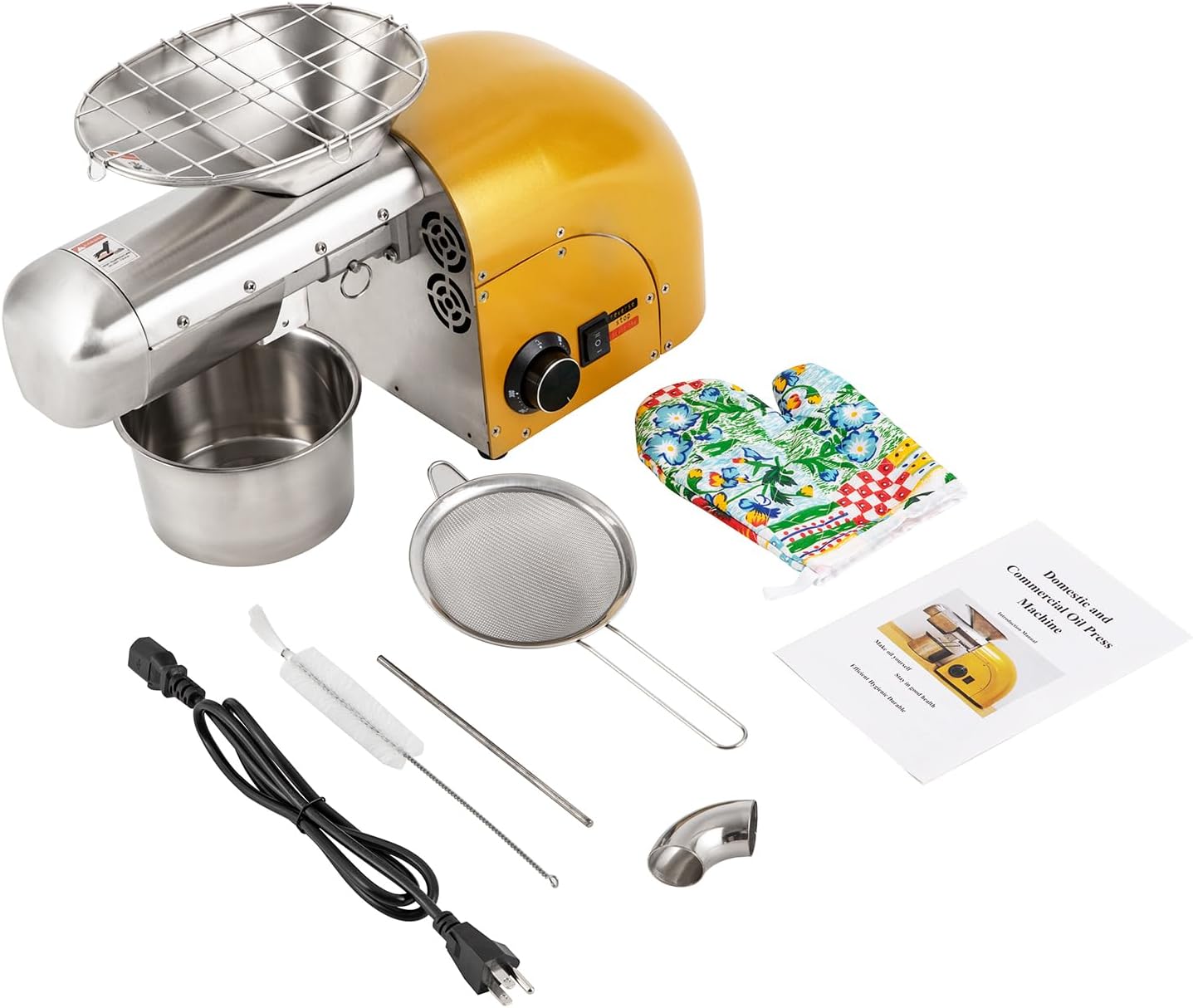 110V Oil Press Machine, Commercial Electric Oil Expeller, 1800W Cold Hot Stainless Steel 572°F Oil Extractor Type Brushless Industrial AC Motor Small Appliance w/Disconnecting Rod, Oven Glove