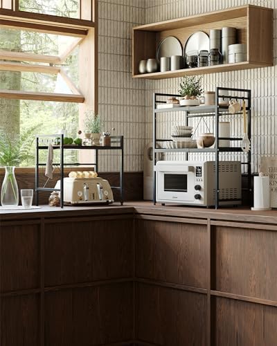 NETEL 2 Pcs Expandable Microwave Stand,3 Tier Metal Kitchen Countertop Organizer Shelves with 8 Hooks,Bakers Rack,Microwave Shelf,Microwave Oven Rack,110lbs Weight Capacity,Black