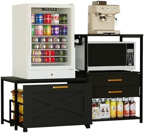 Mini Fridge Stand with Storage, Farmhouse Microwave and Mini Fridge Stand with Power Outlet & Cabinet, Kitchen Bakers Rack with Storage Shelf and Drawers for Home Dorm Office Bar, Black