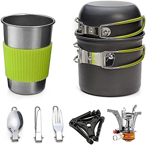 Camping Cookware with Stove Outdoor Cooking Set Non Stick Pot and Pans Lightweight Hiking Backpacking Utensil Gear for 1 to 3 People Trekking Traveling and Picnic Camping
