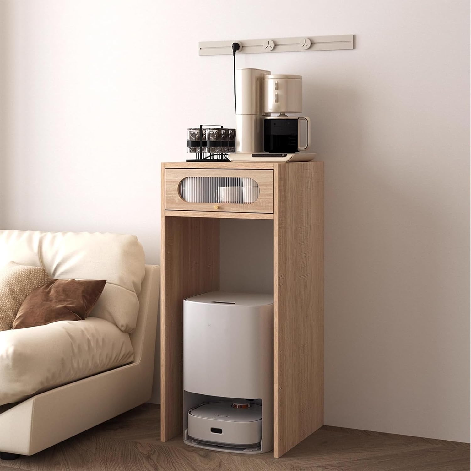 Self Emptying Robot Vacuum Cleaner Small Storage Cabinet with Doors, Robot Vacuum Kitchen Pantry Storage Cabinet, End Side Table for Living Room Home Office(Natural)