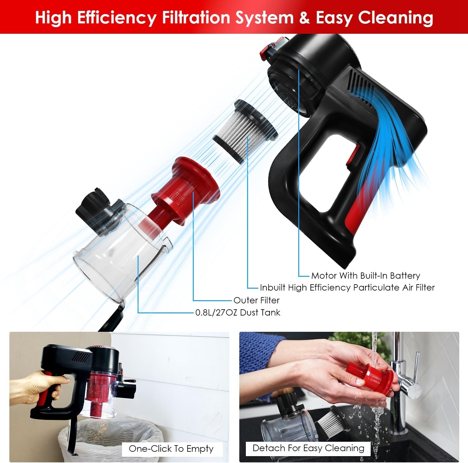 KOCASO Cordless Vacuum Cleaner - Powerful 12000PA Suction, Lightweight Rechargeable Stick Vacuum, 2 Adjustable Speeds, 4 Versatile Cleaning Tools, LED Light, 180° Foldable Design for Home & Car Use