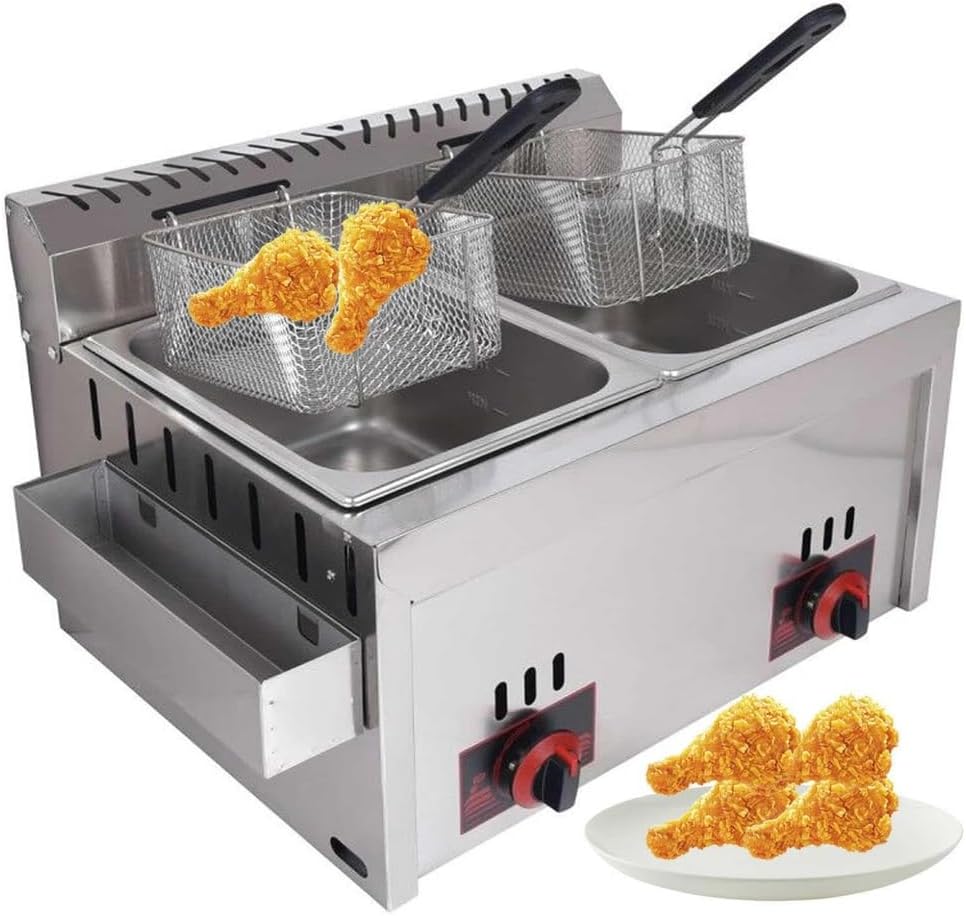 Gas Fryer Stainless Steel - Large Capacity, Adjustable Firepower for Chips, Donuts, Fish - Easy Clean, Commercial Grade with Baskets and Lids
