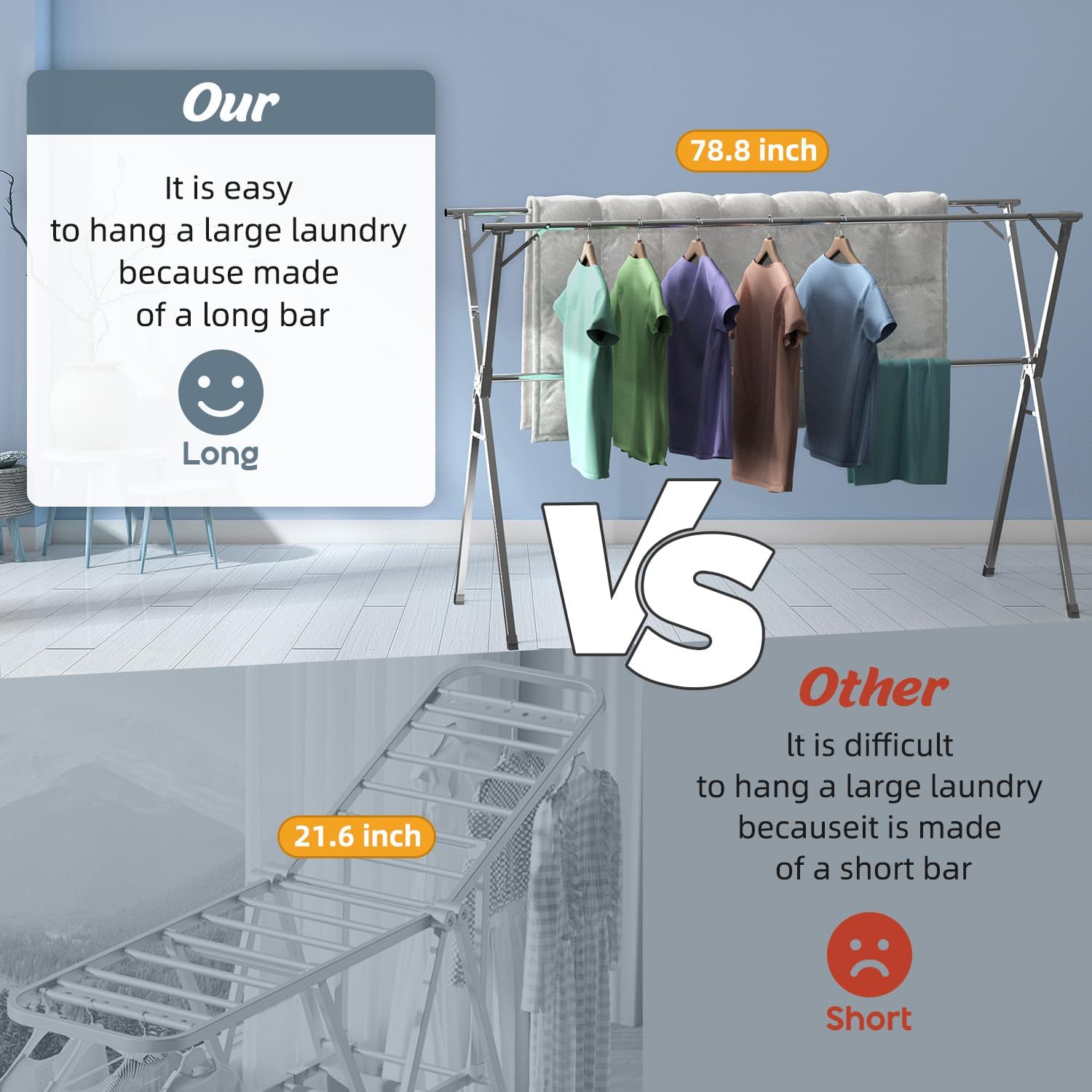 Clothes Drying Rack,Heavy Duty Stainless Steel Garment Rack,Adjustable and Foldable Laundry Drying Rack for Indoor Outdoor Drying Rack Clothing with 20 Windproof Hooks (Silver, 79