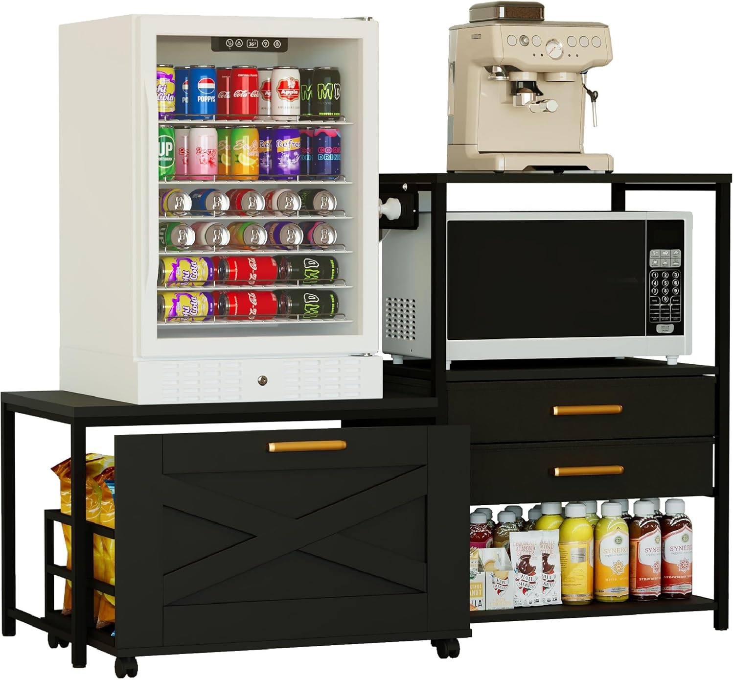 Mini Fridge Stand with Storage, Farmhouse Microwave and Mini Fridge Stand with Power Outlet & Cabinet, Kitchen Bakers Rack with Storage Shelf and Drawers for Home Dorm Office Bar, Black