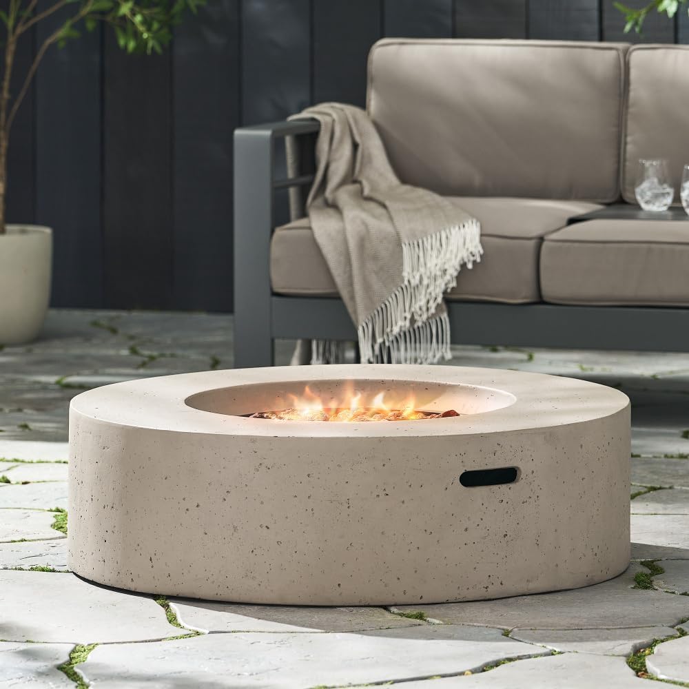 Outdoor 50,000 BTU Round MgO Concrete Propane Fire Pit, Light Grey (Tank Cover not Included) (Light Grey + Magnesium Oxide-1)