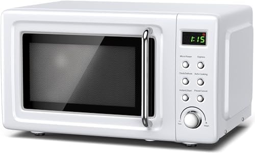 Retro Microwave Oven, 0.7cu.ft Countertop Microwave with Removable Turnable & Child Lock, Small Compact Microwaves w/8 Auto-cooking Set, Defrost, 5 Micro Power & Timer, 700W, White