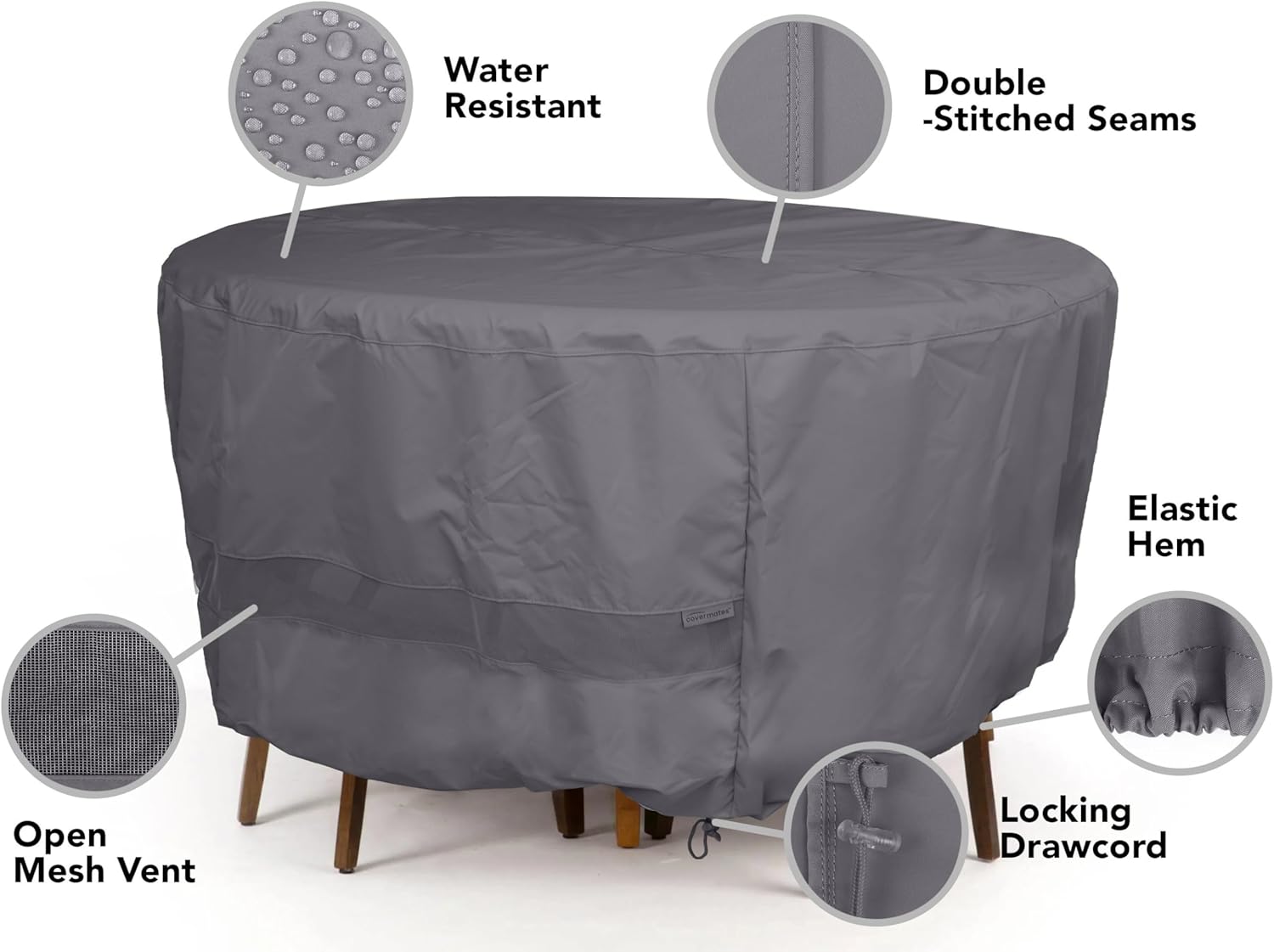 Covermates Elite Round Fire Pit Chair Set Cover – Water-Resistant Outdoor Protection with Durable 300D Polyester, Mesh Air Vents & Adjustable Buckle Straps, Round 72DIAMETER x 30H, Charcoal