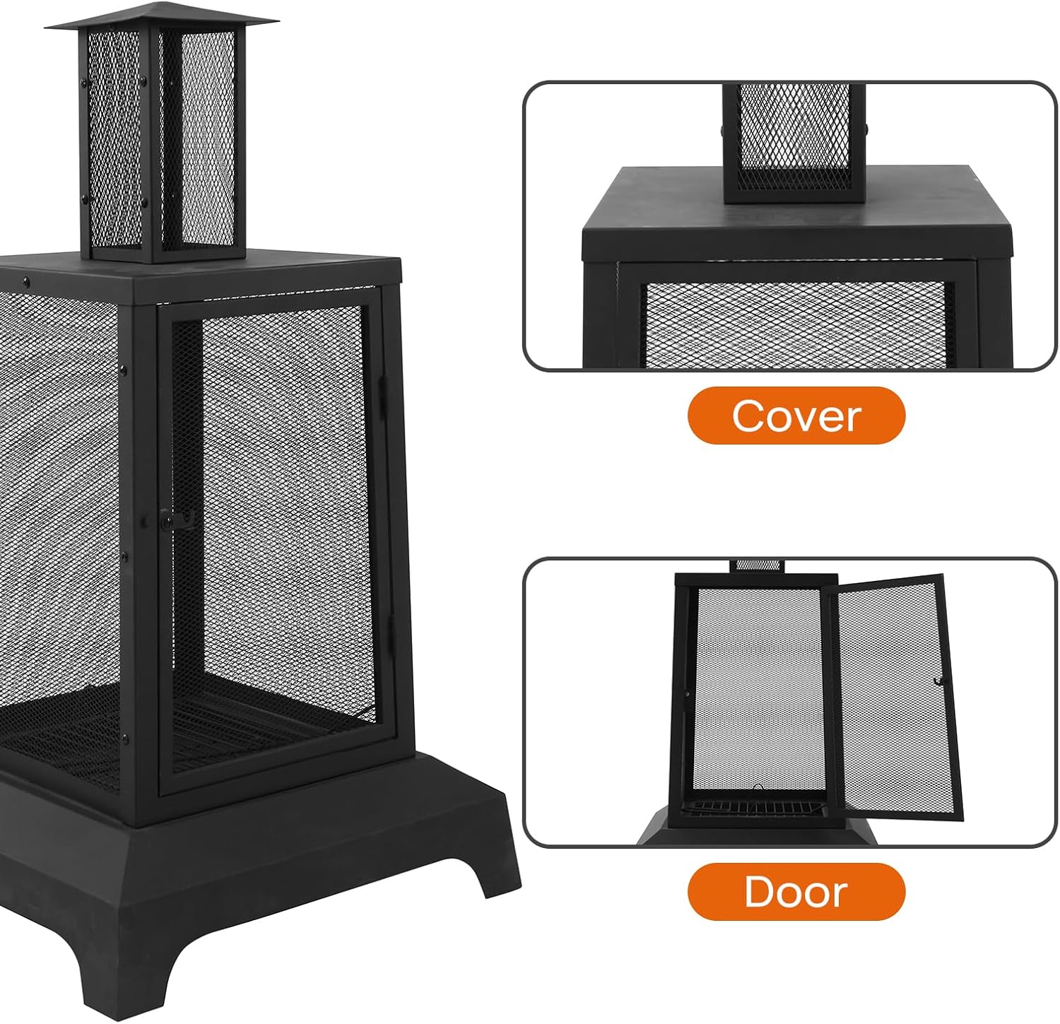 Walsport Chiminea Outdoor Fireplace, 43 Inch Wood Burning Fire Pit with Grill Grate and Spark Screen Cover, Outdoor Fire Pit for Patio, Backyard, Deck Porch and Camping (Black) ﻿