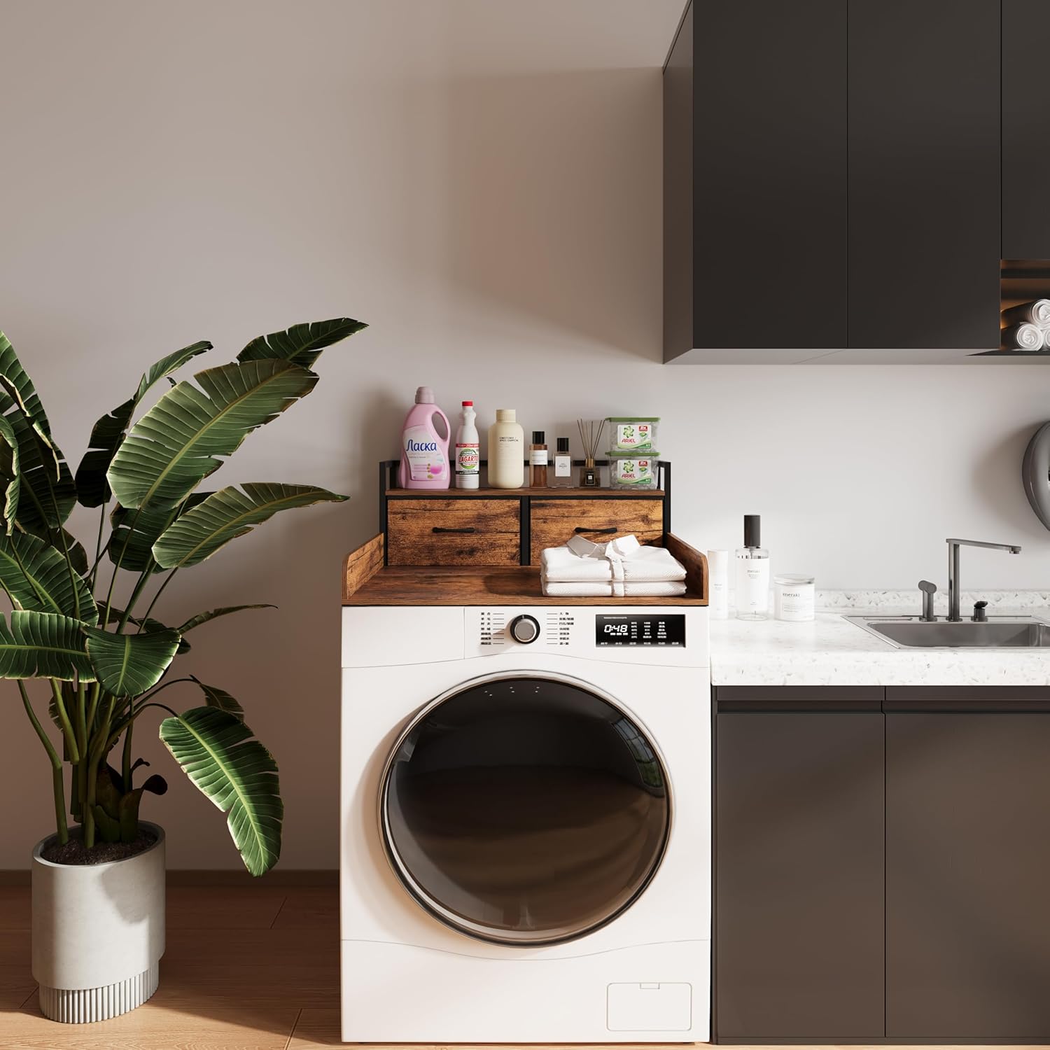 2-Tier Washer Dryer Countertop single with shelf and fabirc drawer,laundry topper with Edge and Non-Slip Pad for Washer Dryer Laundry Hamper Counter Storage Organization (rustic brown, single)