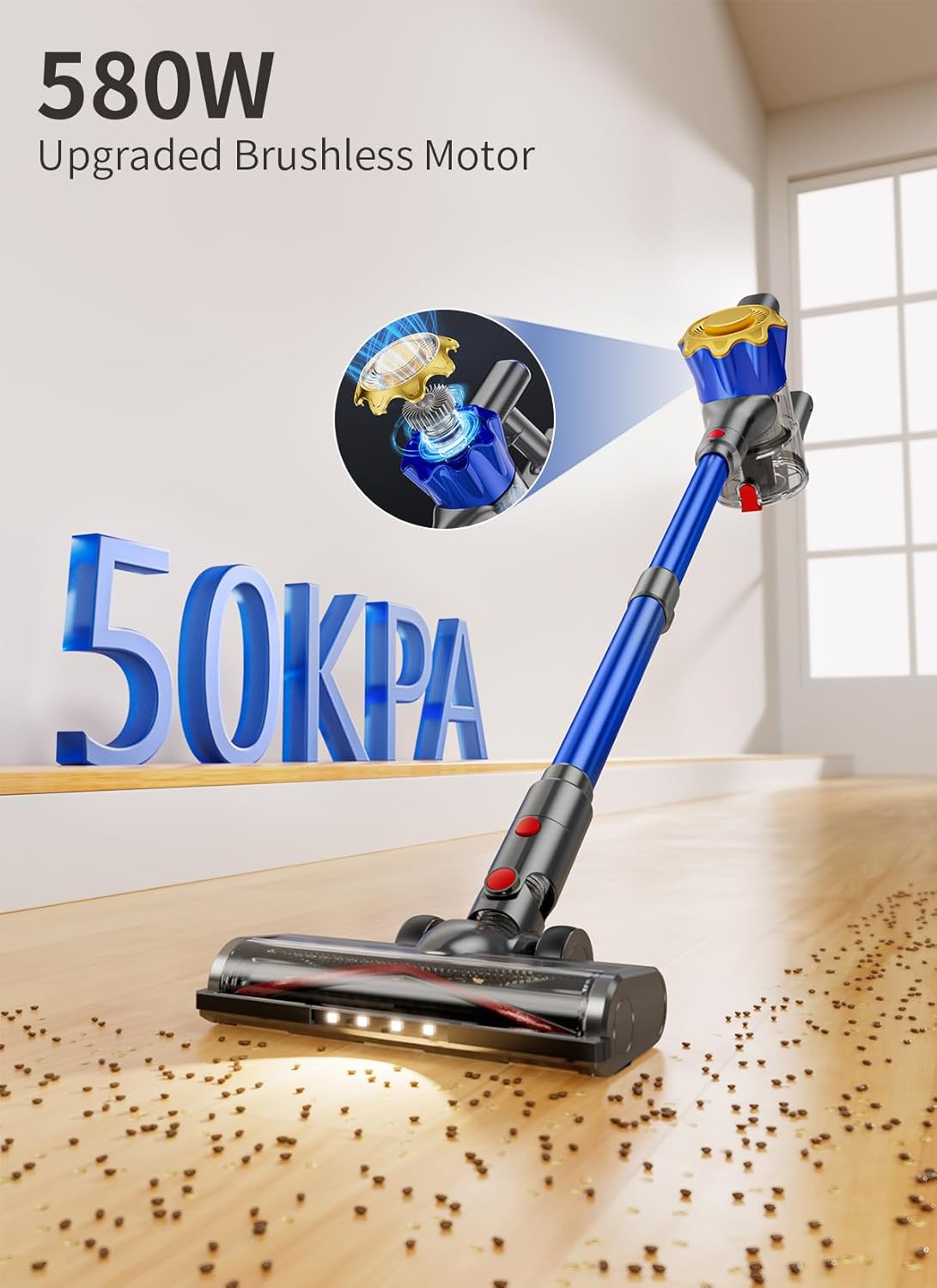 Cordless Vacuum Cleaner, 580W 50Kpa Powerful Stick Vacuum, Up to 70Mins Rechargeable Battery, Vacuum Cleaners for Home Anti-Tangled Lightweight Handheld for Hardwood Floor, Carpets, Pet Hair