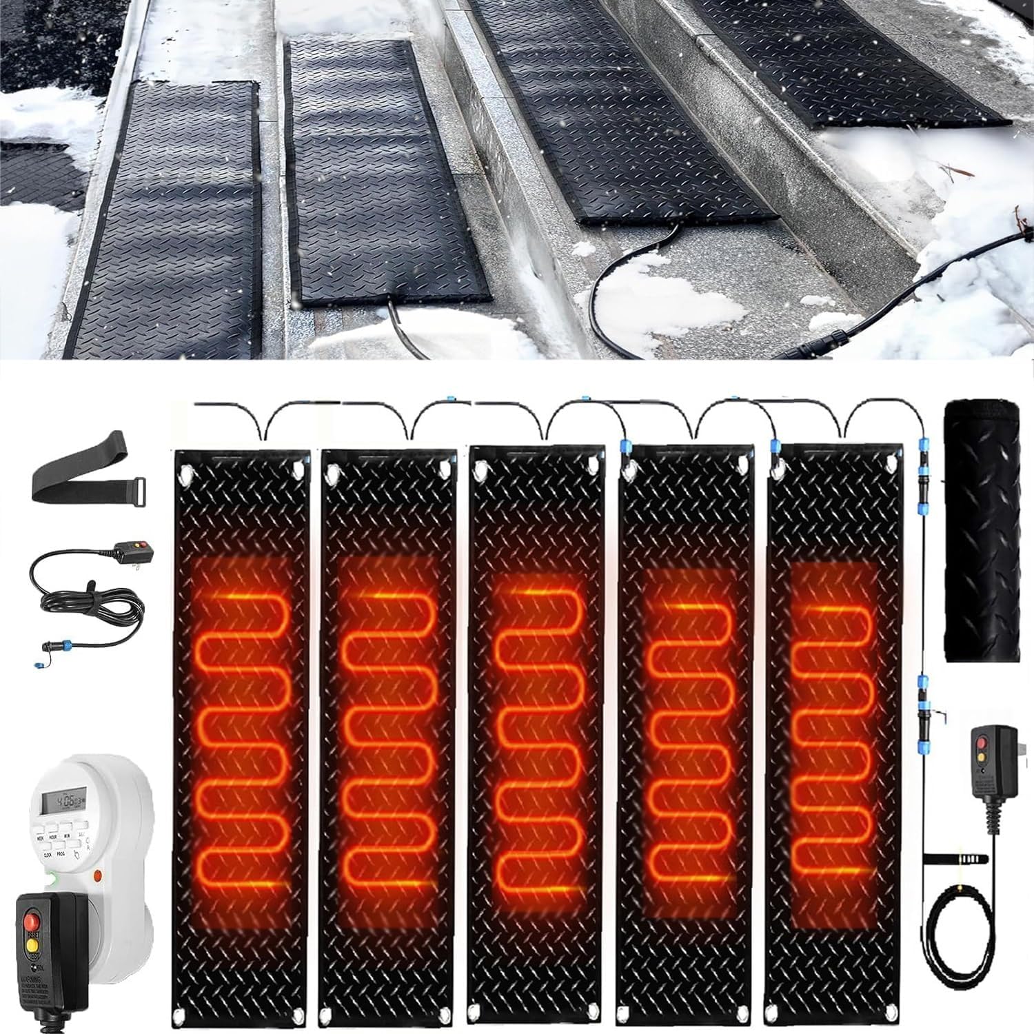 Heated Snow Melting Mats with Timer, 1/2/3/4/5 Pcs Non Slip Rubber Heated Mat,Winter Snow and Ice Melting Mat for Outdoor Stairs,Steps,Doorways,Walkways,Driveway(5 Pcs,12x48in/(30x120cm))