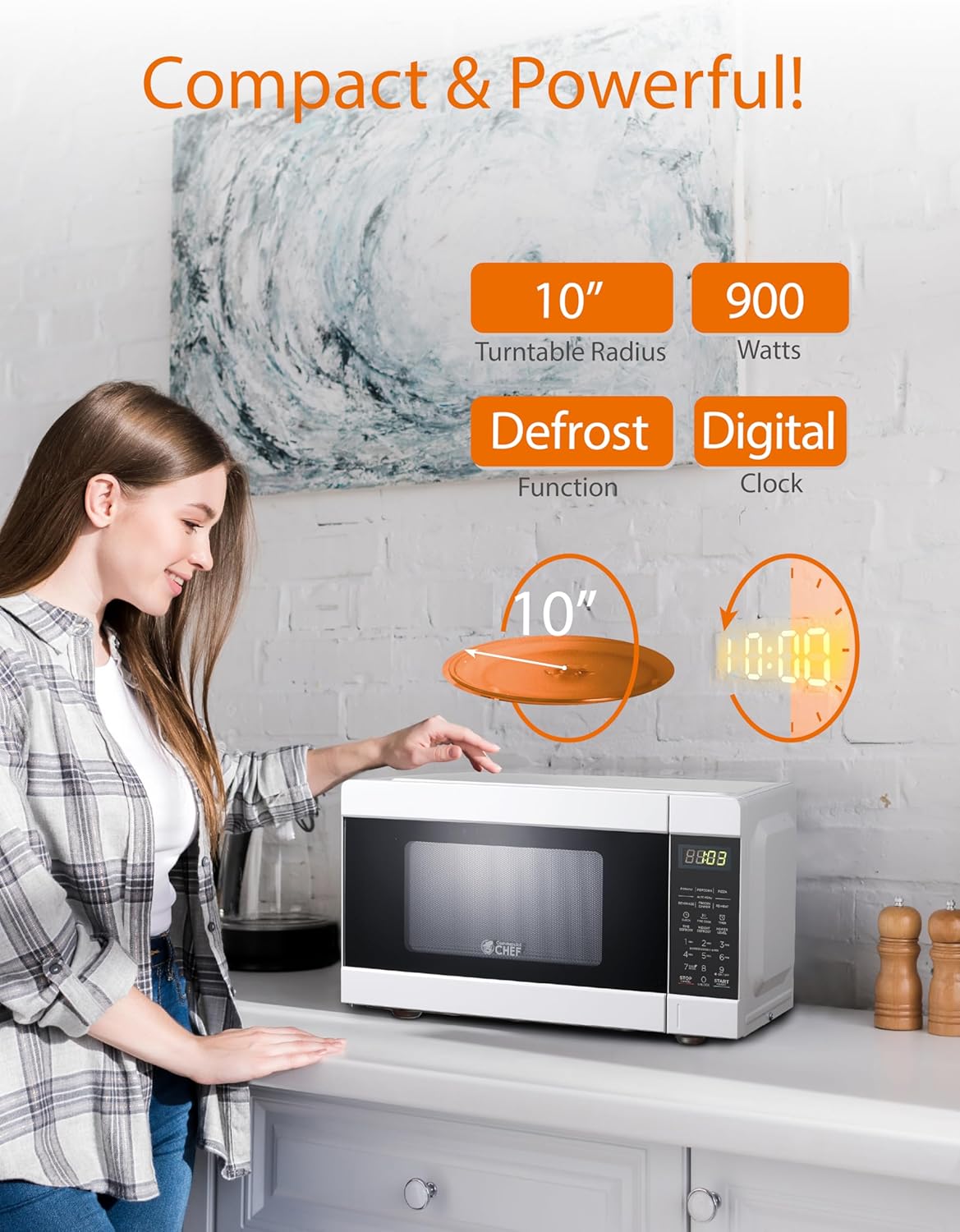 Commercial CHEF CHM990W 900 Watt Counter Top Microwave Oven, 0.9 Cubic Feet, White Cabinet