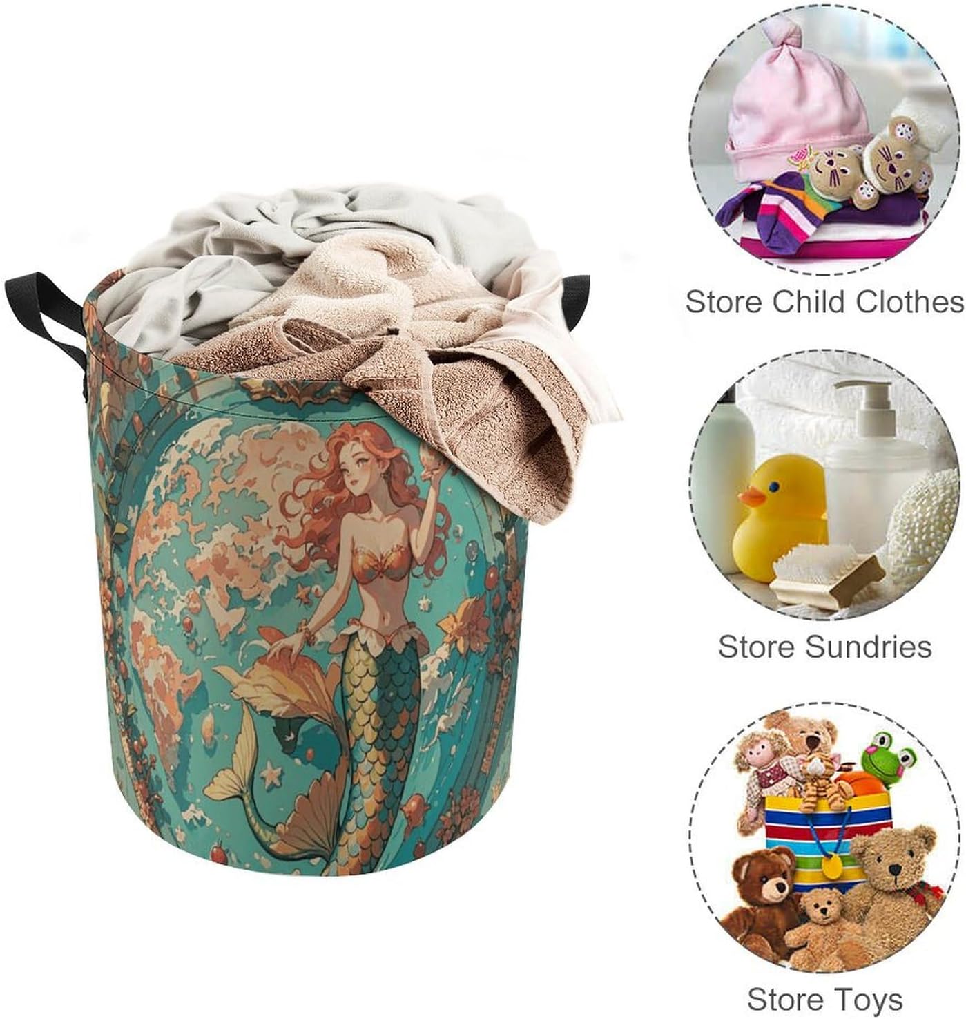 Vintage Outer Banks Map with Mermaids Laundry Bag Round Laundry Basket Collapsible Hamper with Handles Drawstring Closure Waterproof Storage Basket Dirty Clothes Organizer for Bedroom Bathroom Dorm 17