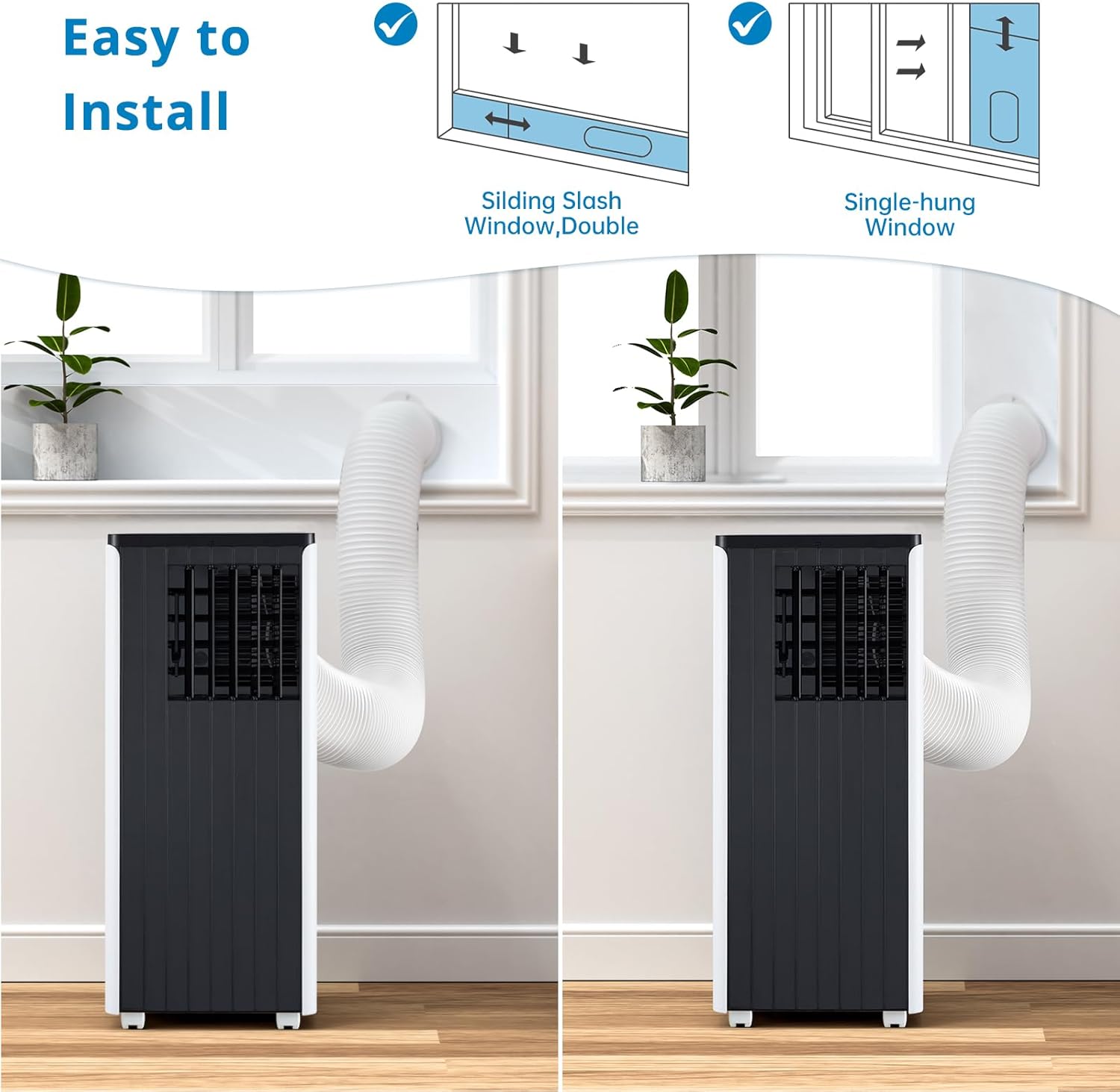 3-in-1 Portable Air Conditioner - 8000 BTUs Cooling, Dehumidifying & Fan Modes, Remote Control, 24-Hour Timer, Easy Install Kit for 350 Sq.Ft Home & Office(Black top cover)