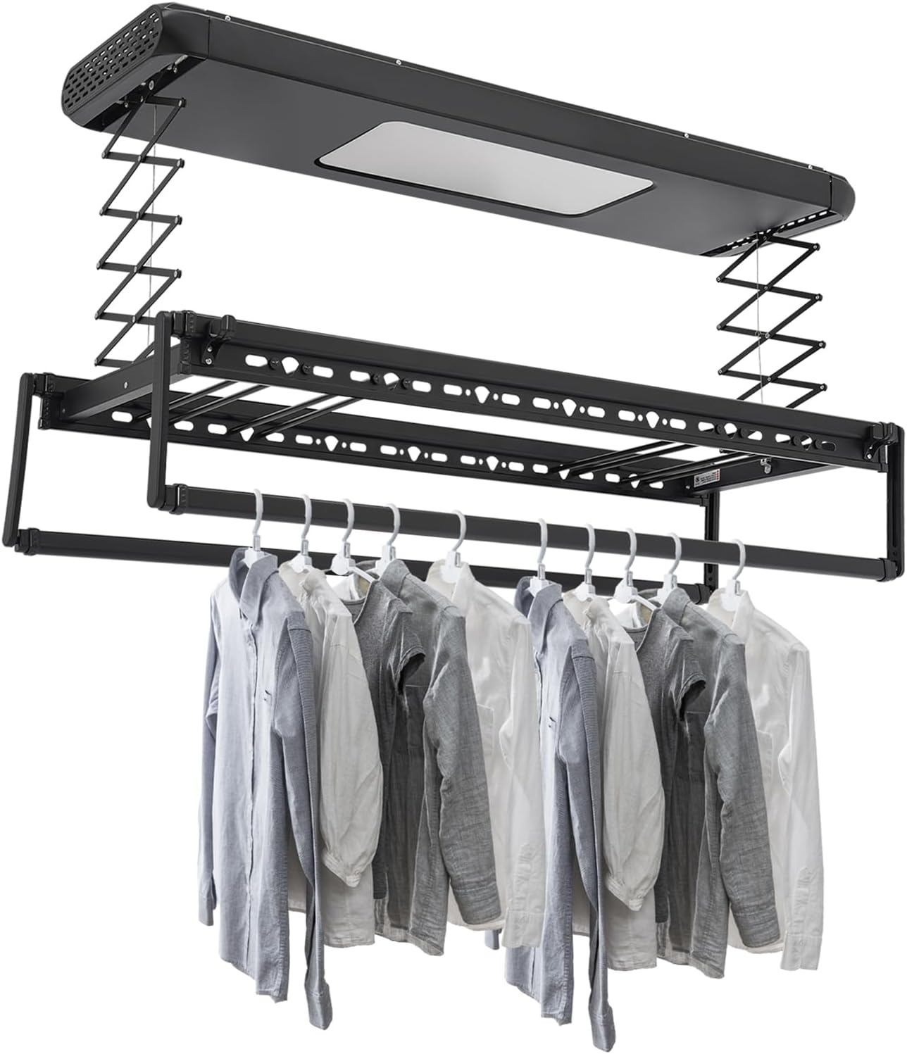 Electric Retractable Airing Rack, Ceiling Mounted Clothes Drying Rack, Retractable Clothesline, Vertical Laundry Drying Rod with LED Light & Remote, 110V 24W, Black