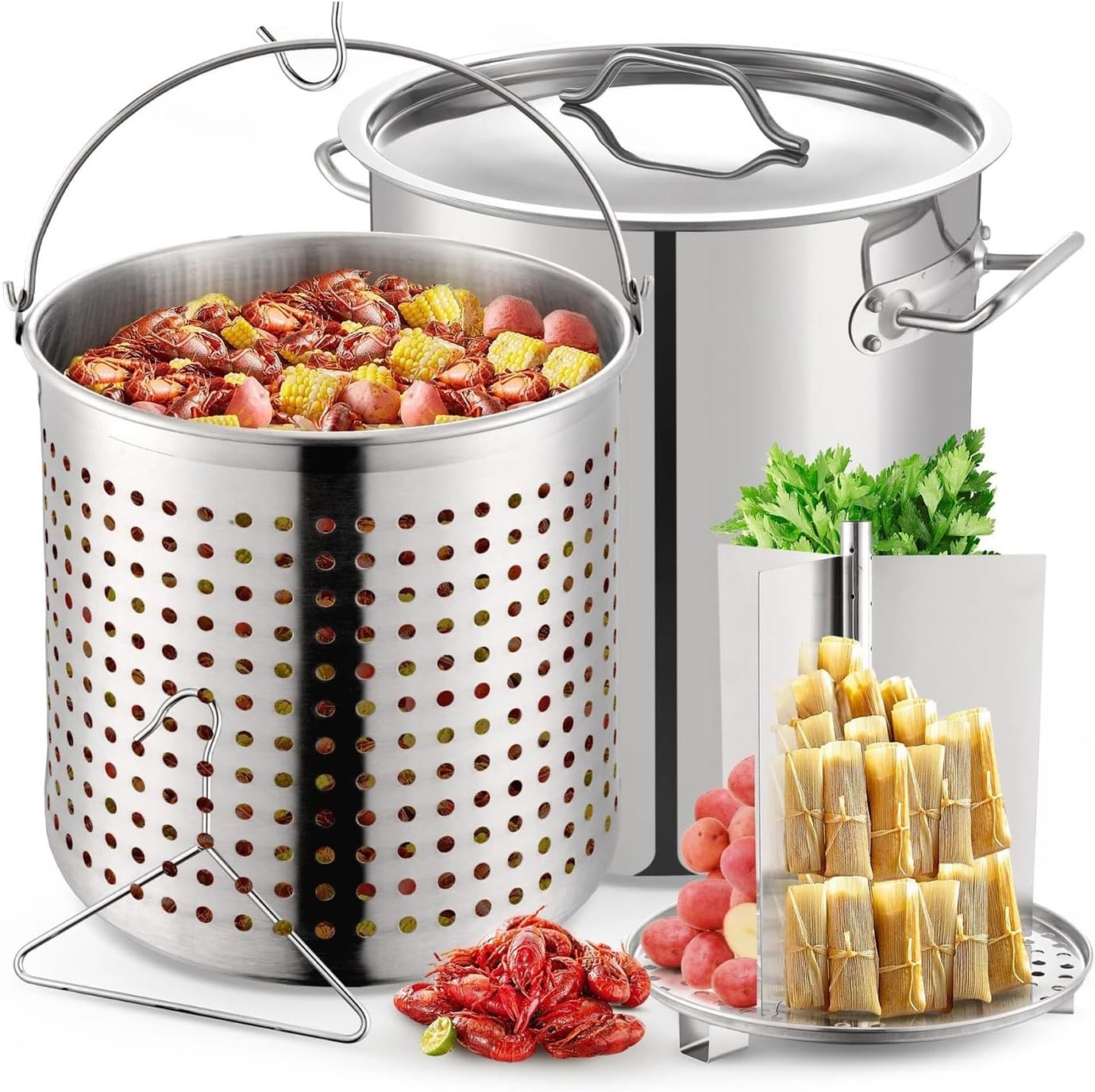 New 100QT Commercial Seafood Turkey Fryer Crawfish Boiler Stock Pot Stainless Steel Stockpot Crab Boil Large Rack Outdoor Cooking 19.7